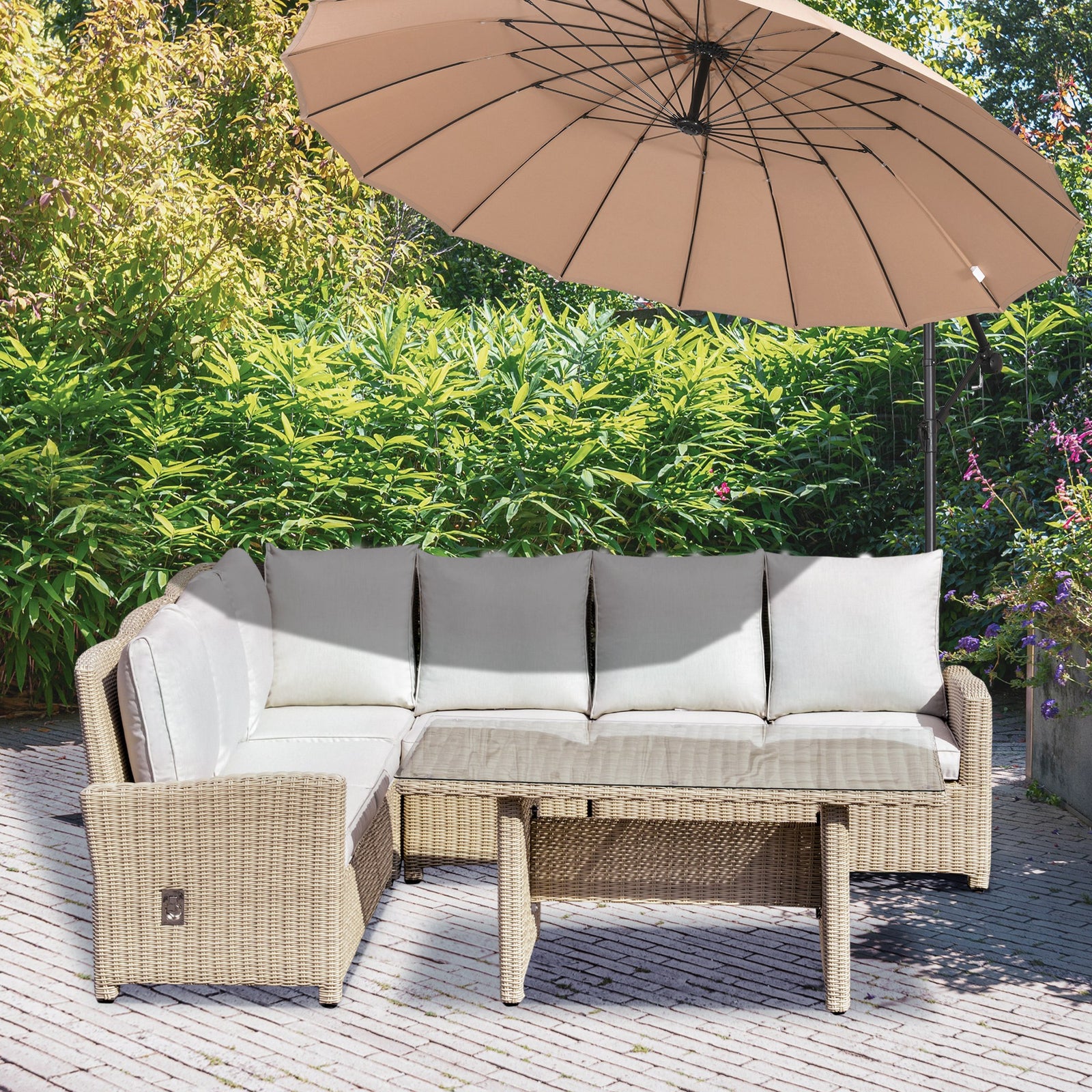 5 Pcs Reclining Rattan Garden Dining Set W/ Cushions