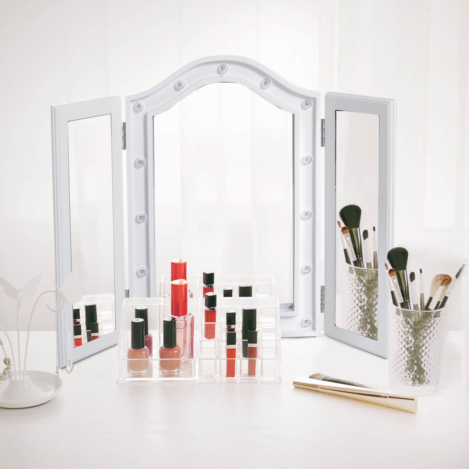 Lighted Tri-fold Vanity Mirror Large Cosmetic Mirror W/ Led