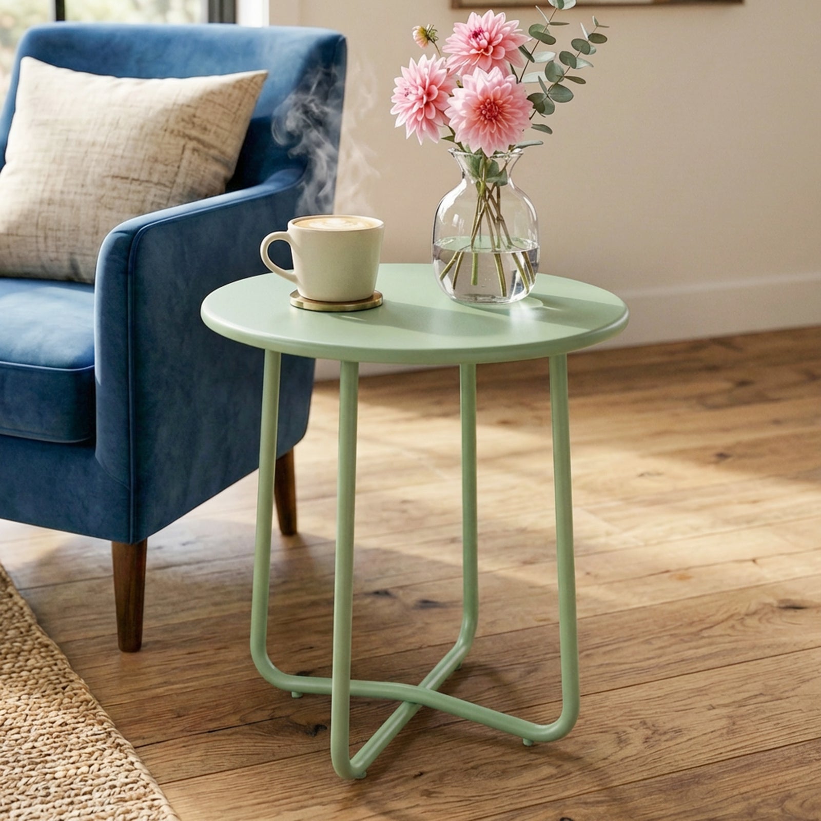 Metal Garden Side Table, 48 Cm Round Outdoor Table | Green
