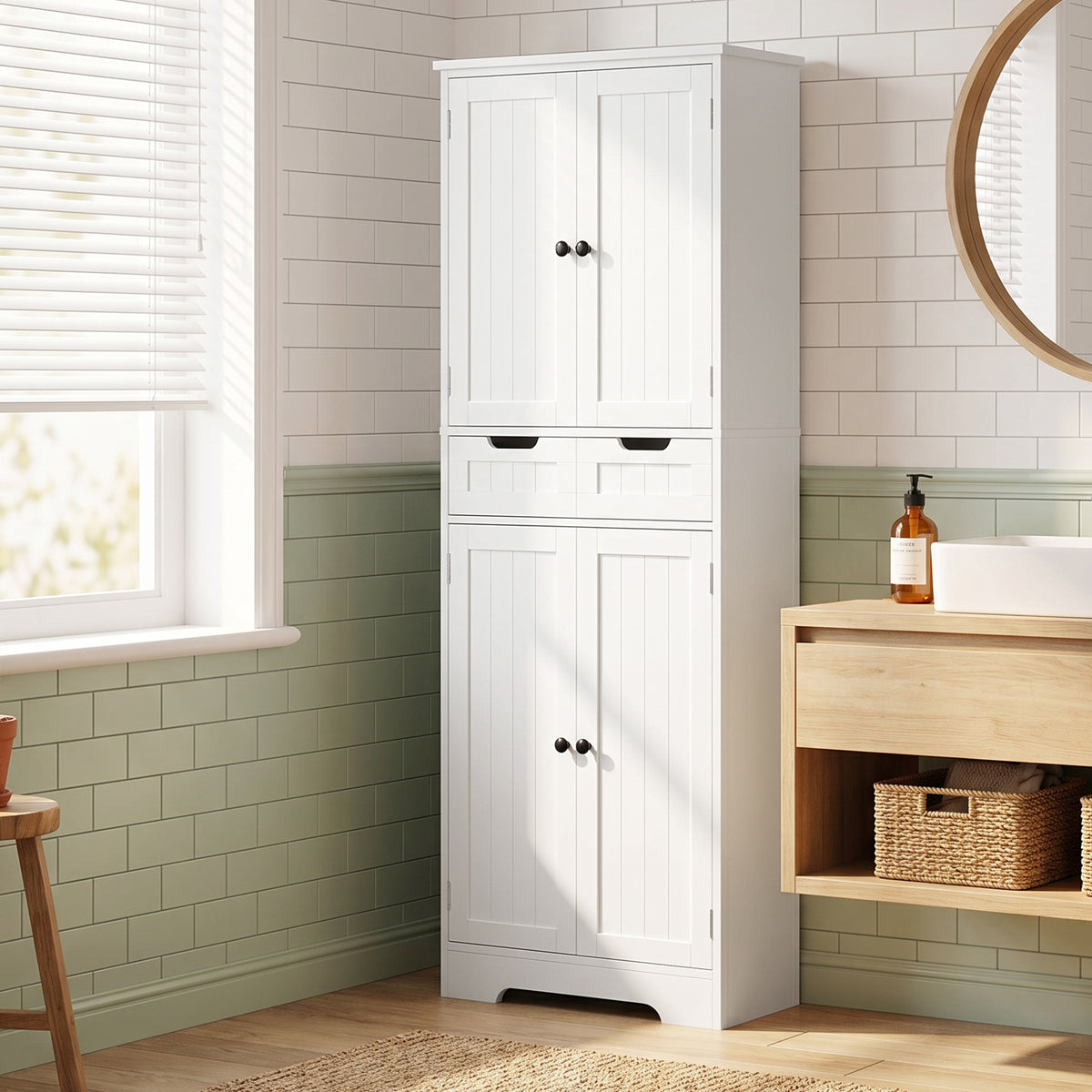HOMCOM Bathroom Tall Cabinet With Drawer, Shelves And Doors, White