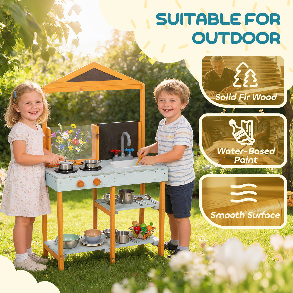AIYAPLAY Wooden Mud Kitchen For Kids With Removable Sink, Cookware, Shelves