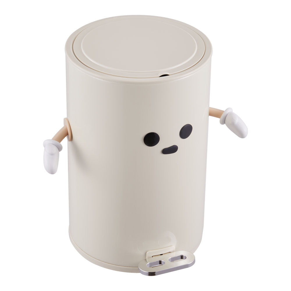 12l Cream-white Step-on Trash Bin With Soft-close Lid And Removable Inner Bucket, Decorative Face Design