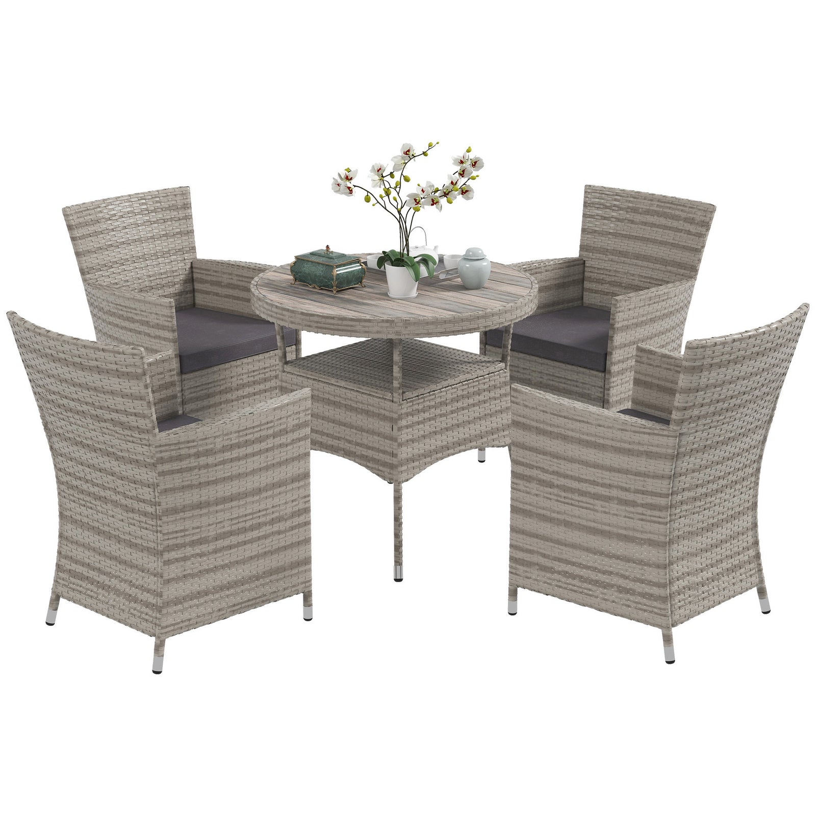 Outsunny 4 Seater Rattan Dining Set With Cushions, Double Layer Table