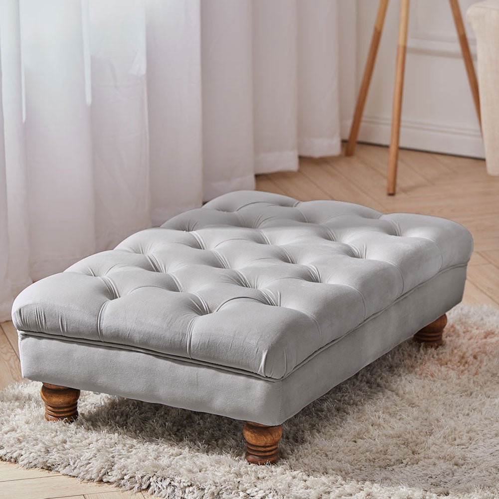 Buttoned Velvet Rectangular Ottoman Footstool With Gourd-shaped Legs