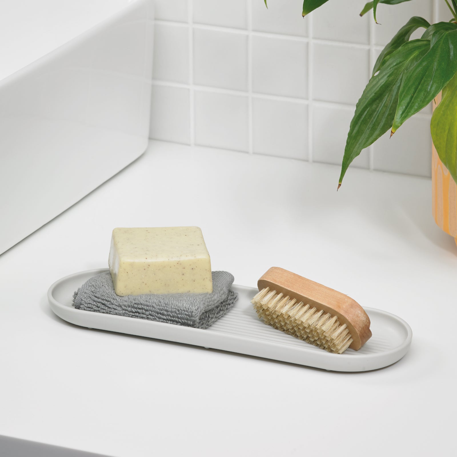 Recycled Bathroom Tray - Replaceable head that is screwed in - Closed fit storage cover - Made in the UK | Stone
