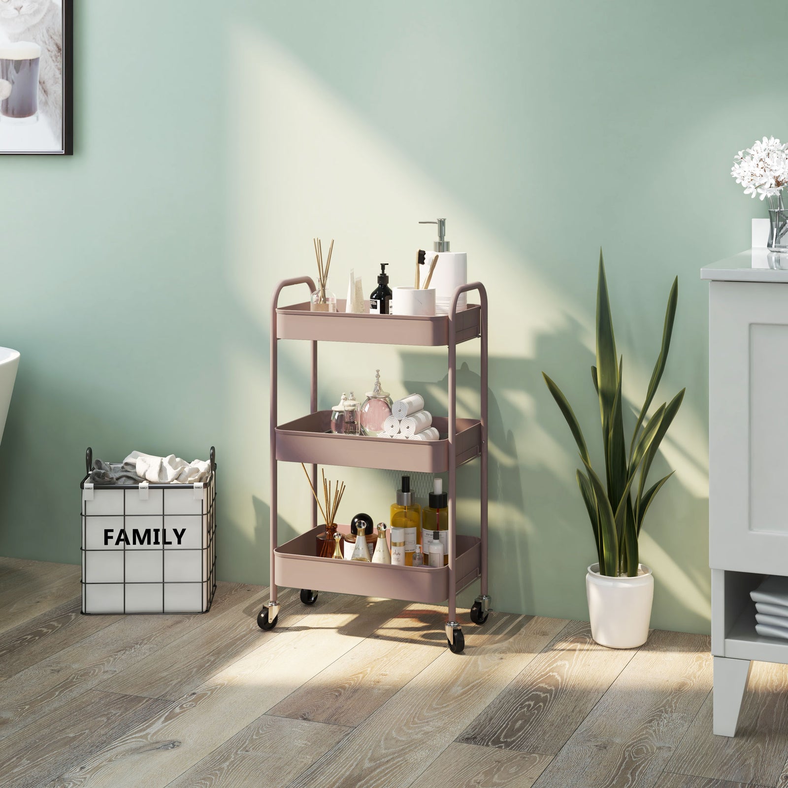 3 Tier Rolling Utility Cart With 3 Mesh Basket | One Size | Pink