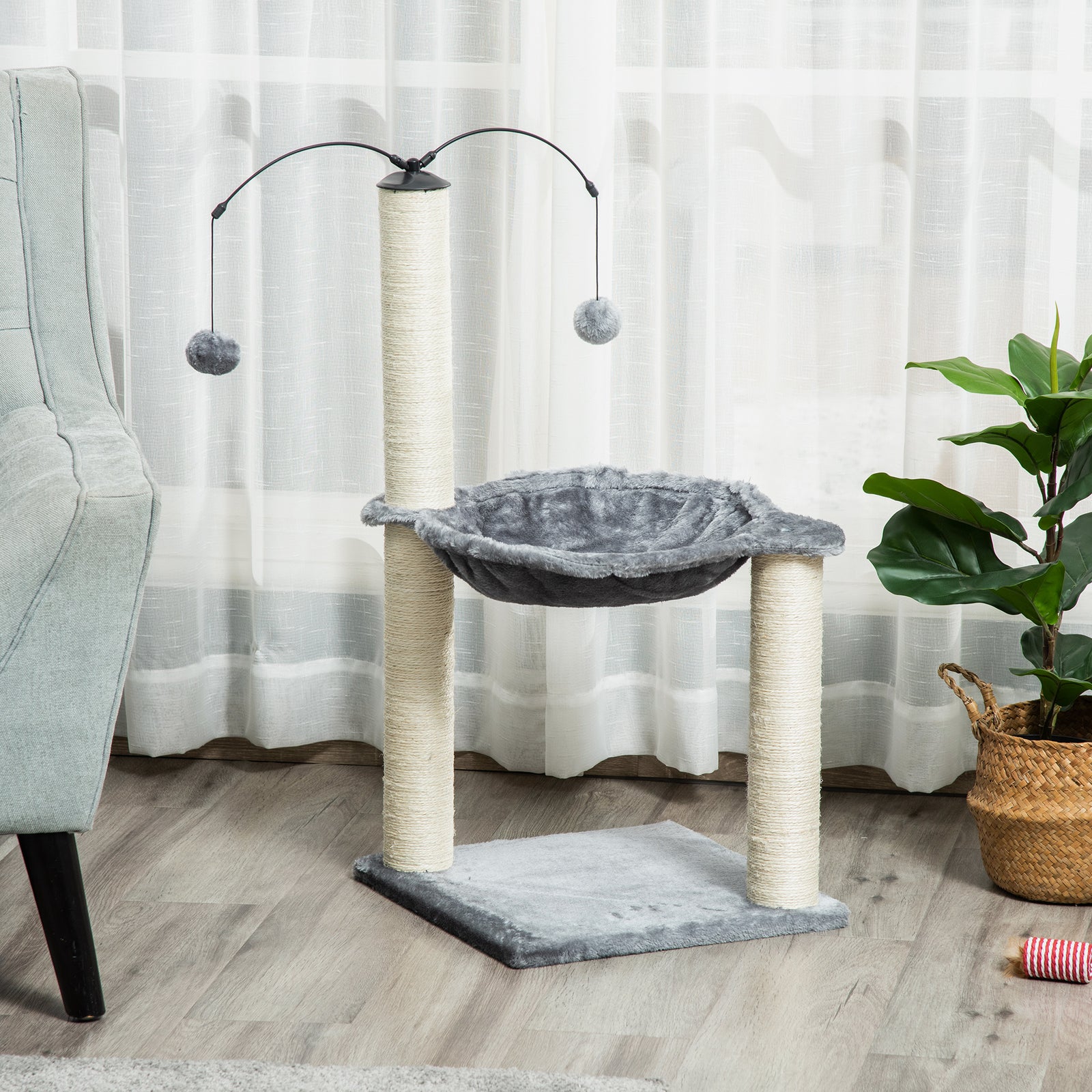 83cm Cat Tree Tower W/ Sisal Scratching Post Hammock Toy Ball - Grey
