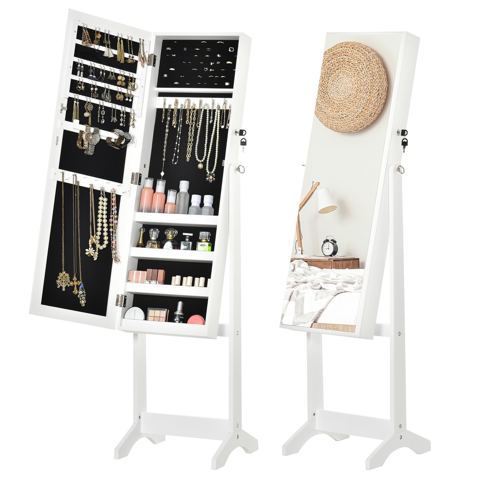 Mirrored Jewellery Cabinet Lockable Jewellery Organiser | One Size | White