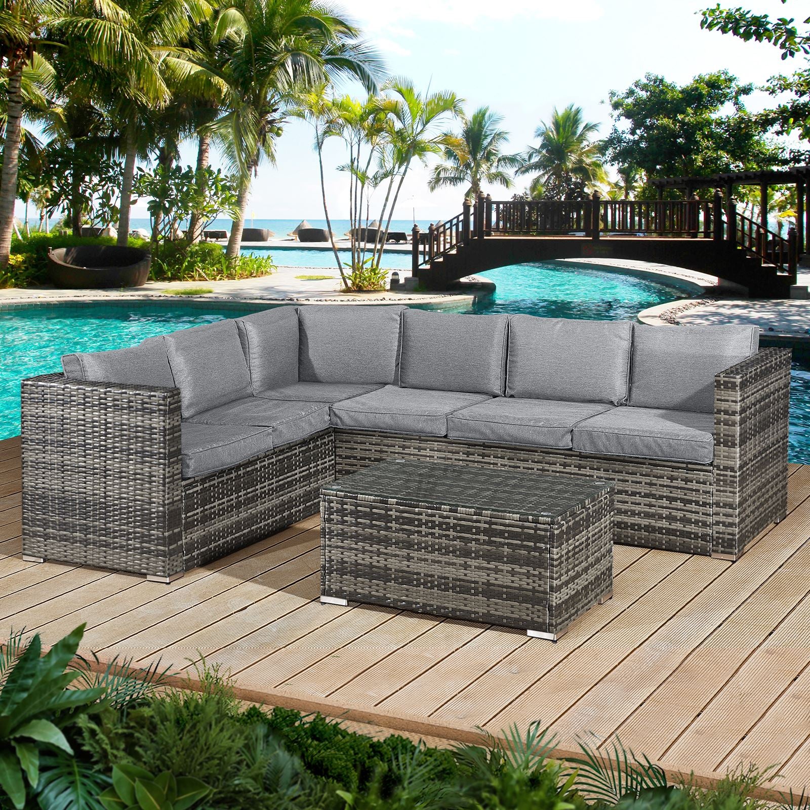 Acorn Rattan 6 Seat Corner Sofa Set | Walnut Grey
