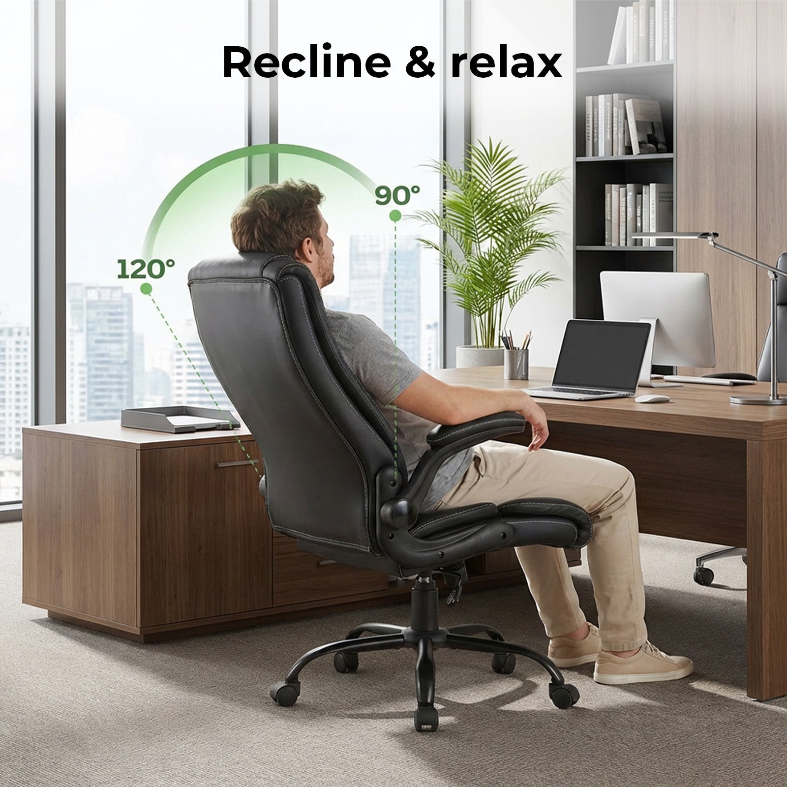 Executive Office Chair Pu Leather Reclining Desk Chair Flip-up Armrests | Black