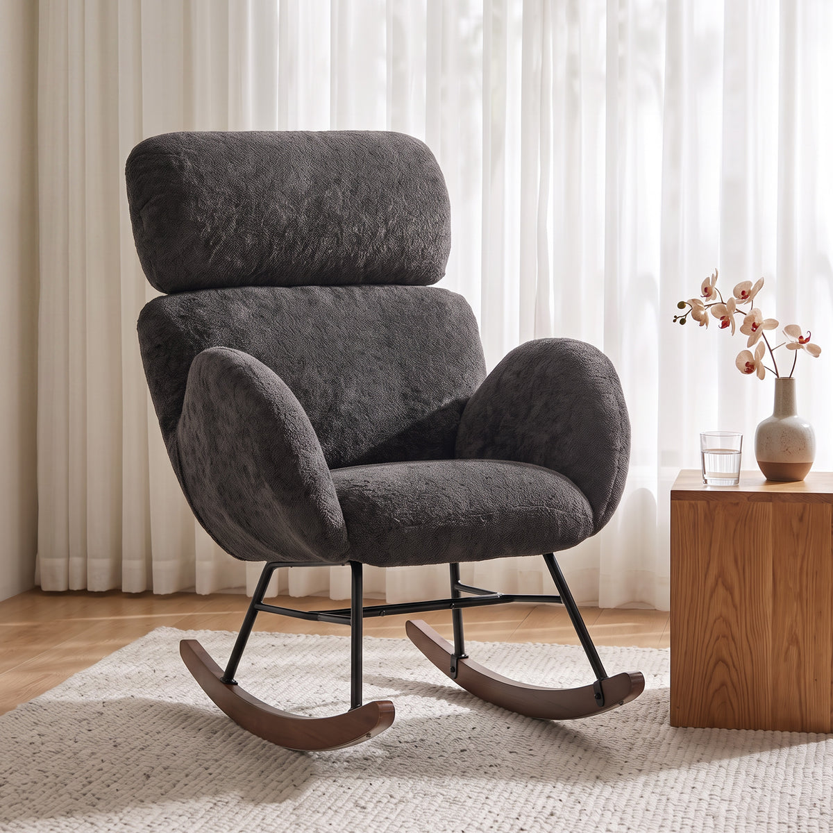 Rocking Chair With Adjustable Headrest Velvet Upholstery | Dark Grey