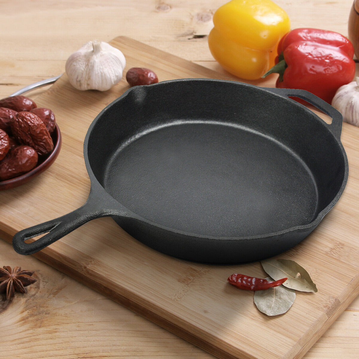 Frying Pan Non Stick Cast Iron 30cm Steak Skillet Round Bbq Grill Camping | Black