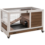 Wood Indoor Rabbit Hutch Elevated 2-floor Guineas Pigs Cage W/ Wheels | Brown