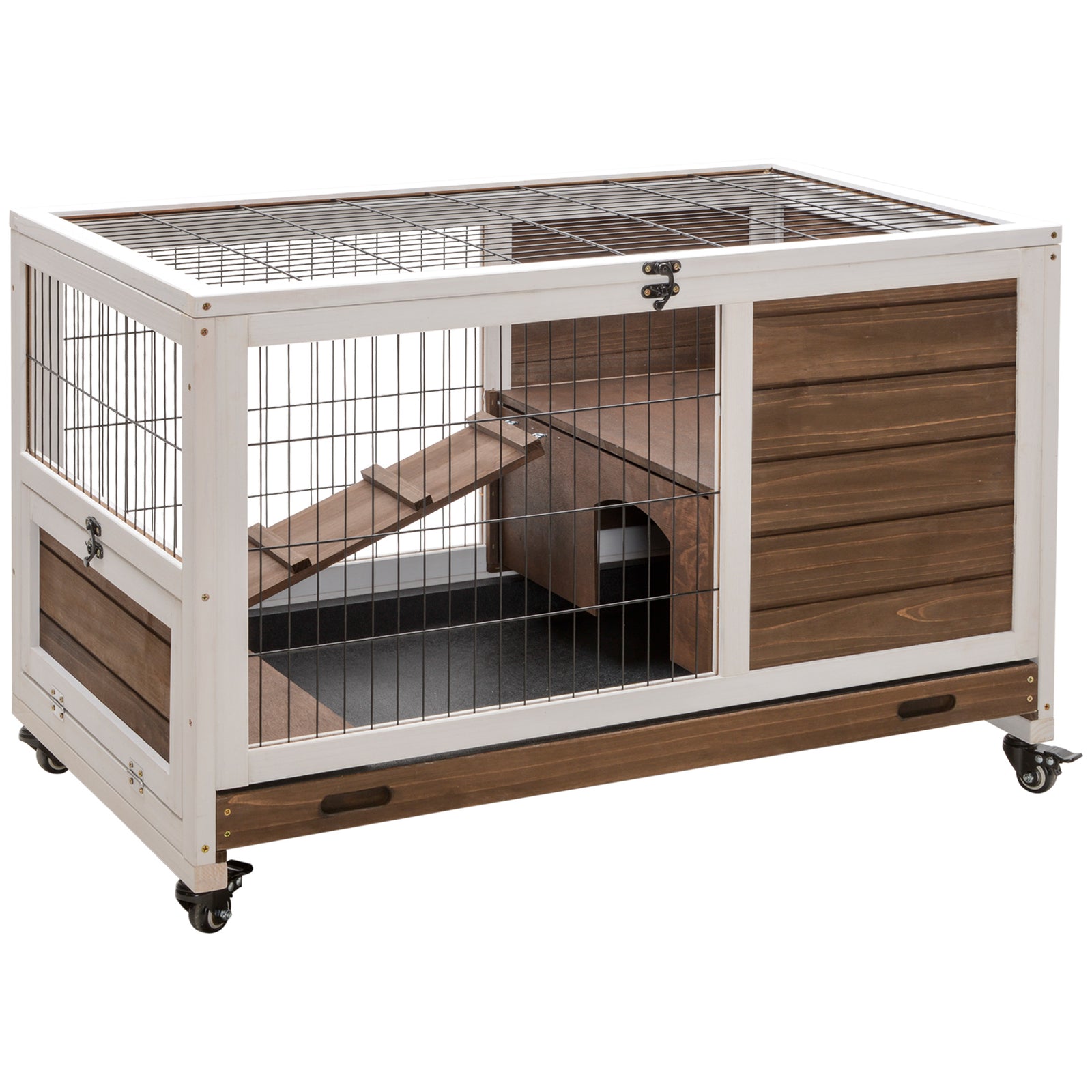Wood Indoor Rabbit Hutch Elevated 2-floor Guineas Pigs Cage W/ Wheels | Brown