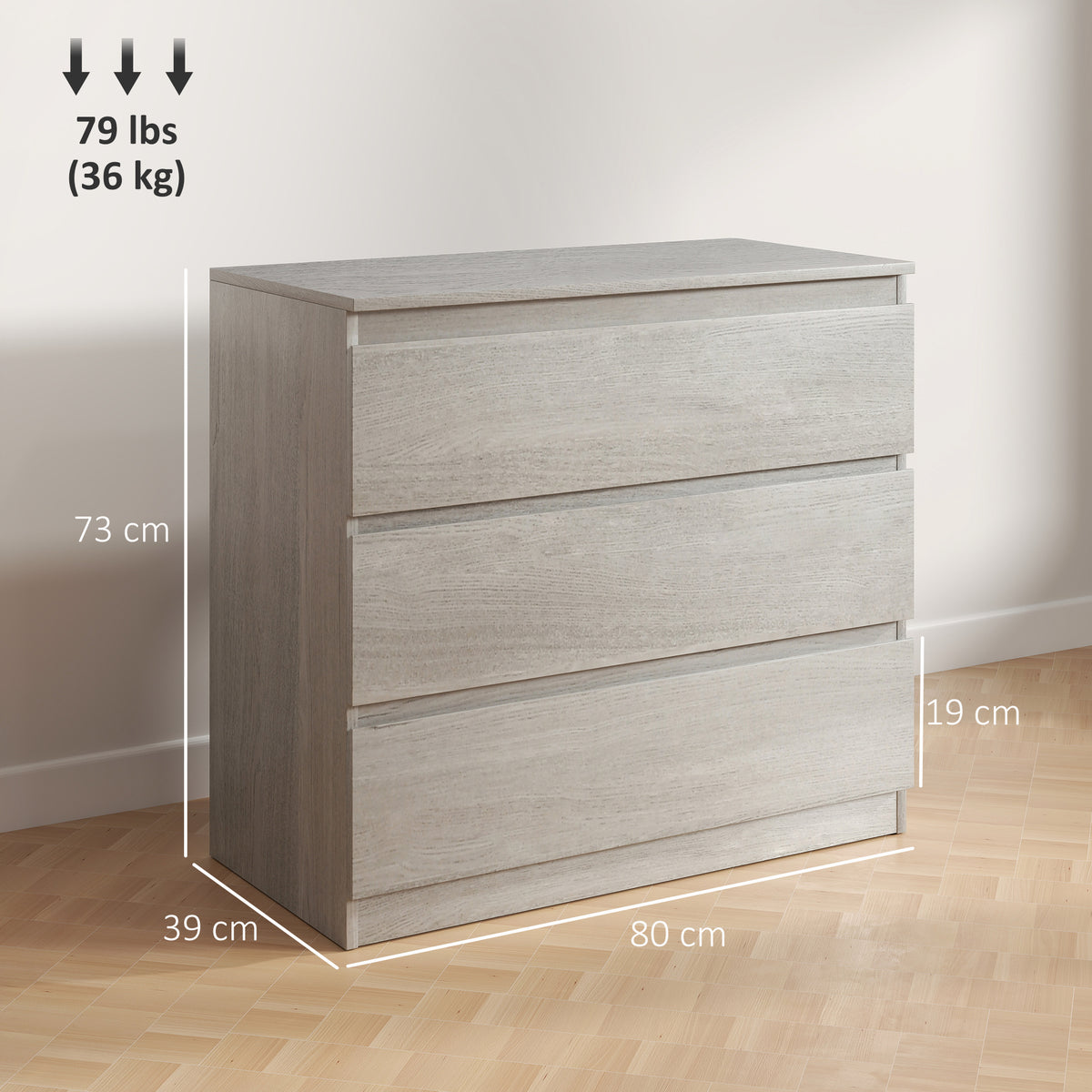HOMCOM Chest Of Drawers, 3 Drawer Storage Cabinet Unit For Bedroom, Grey