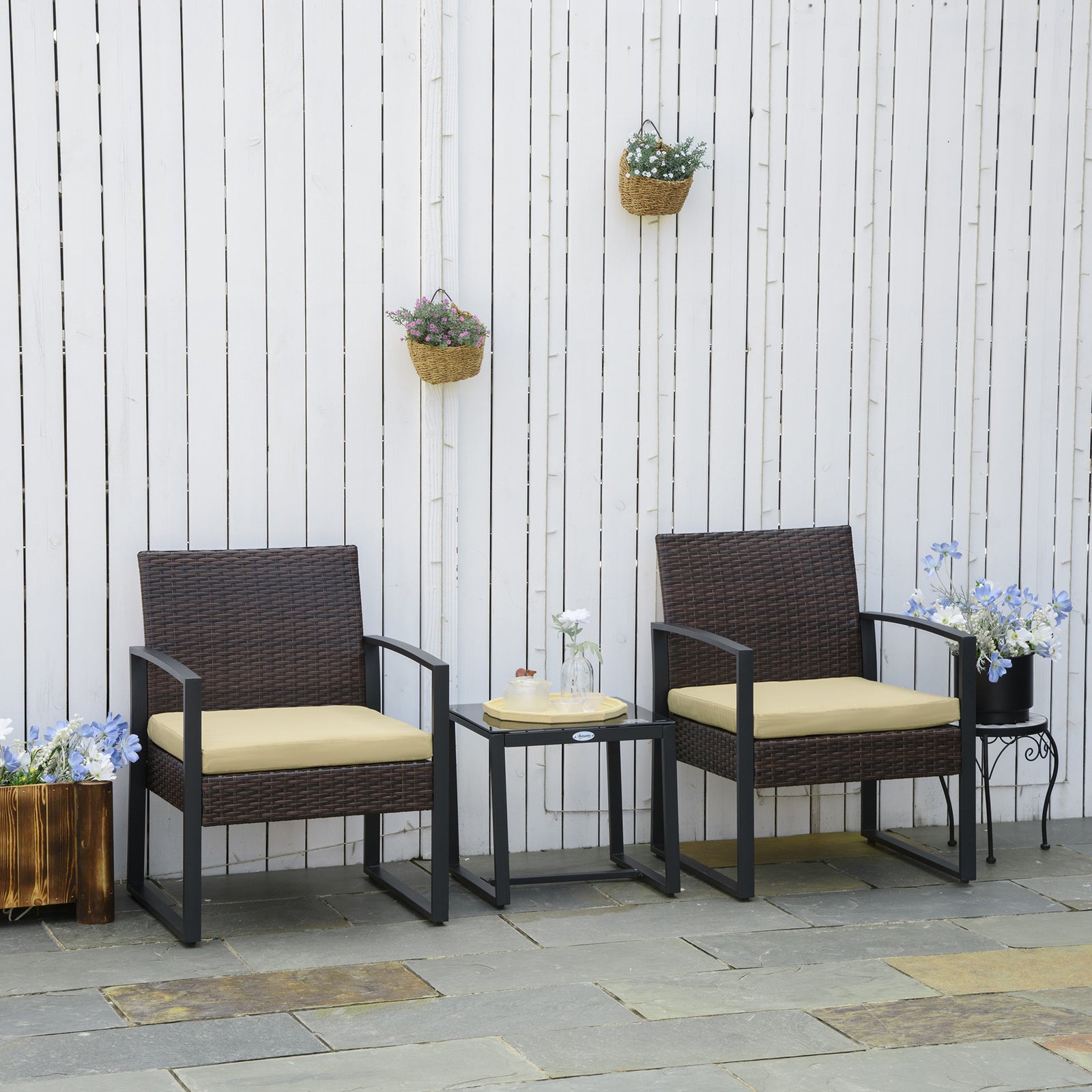 3pc Rattan Patio Bistro Set 2 Chairs Coffee Side Table Set | Beige