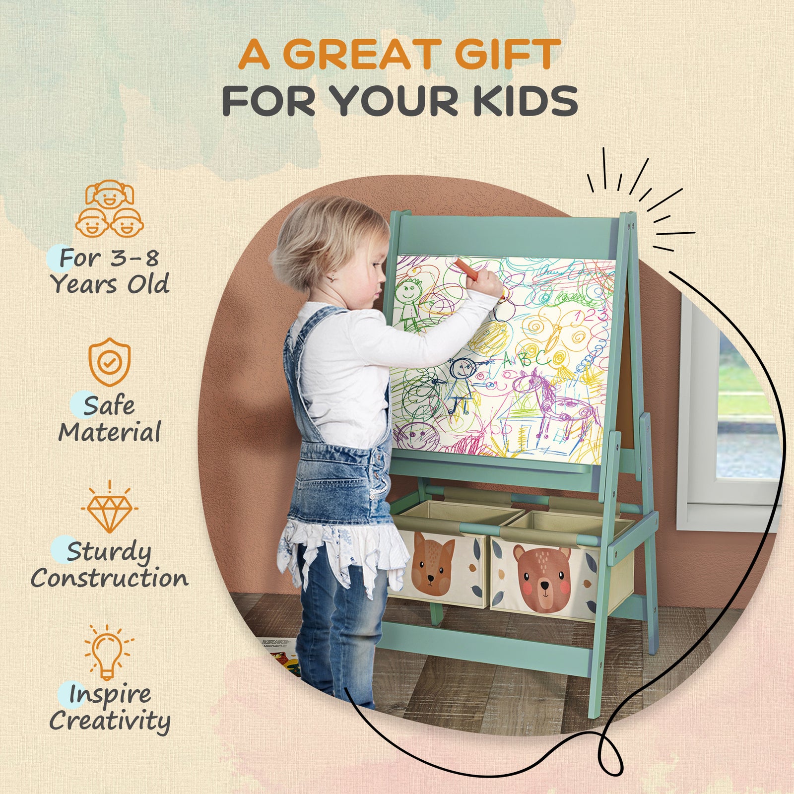 Kids Easel With Paper Roll, Blackboardboard, Storage | Green
