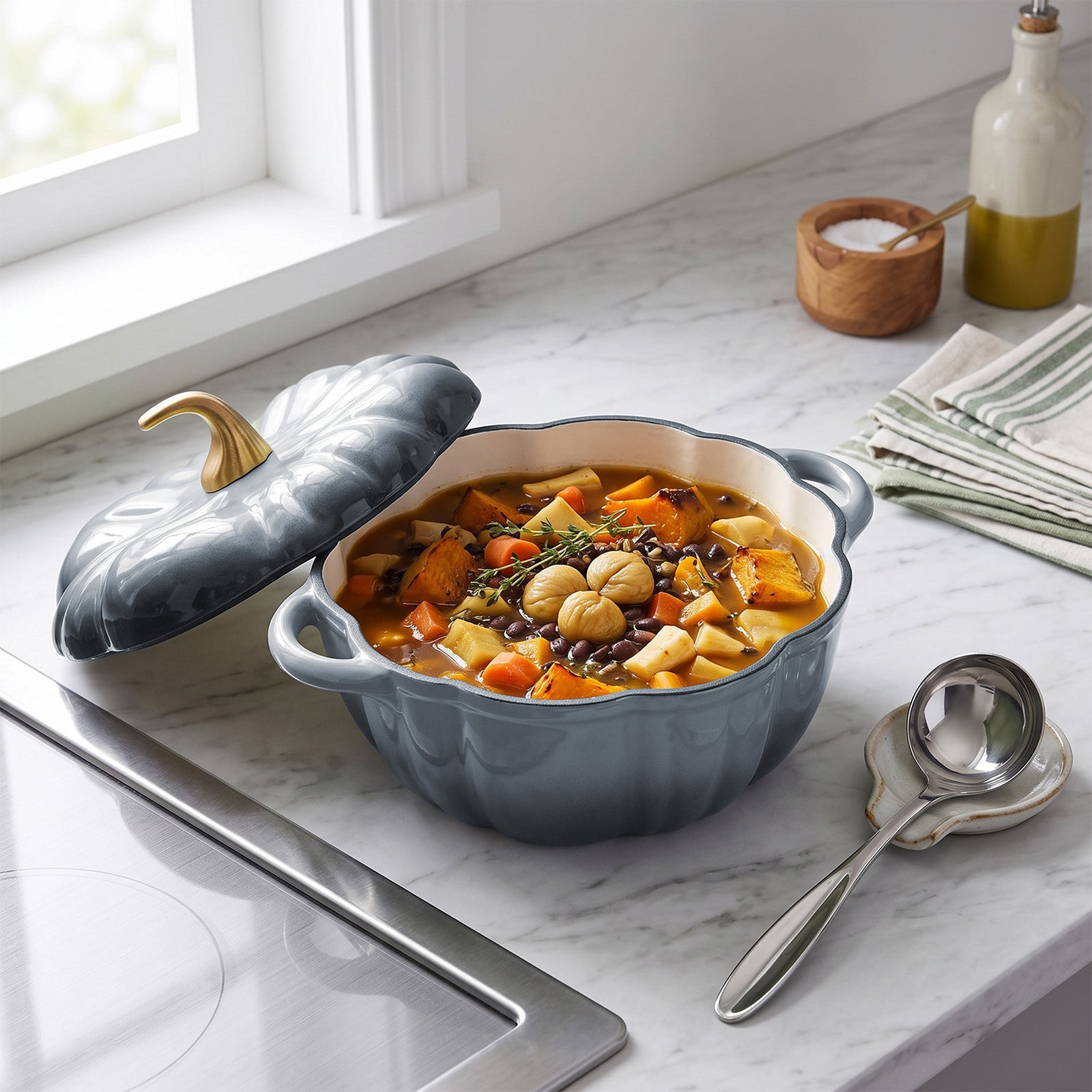 Enamelled Cast Iron Pumpkin Dutch Oven With Lid And Handles | Grey
