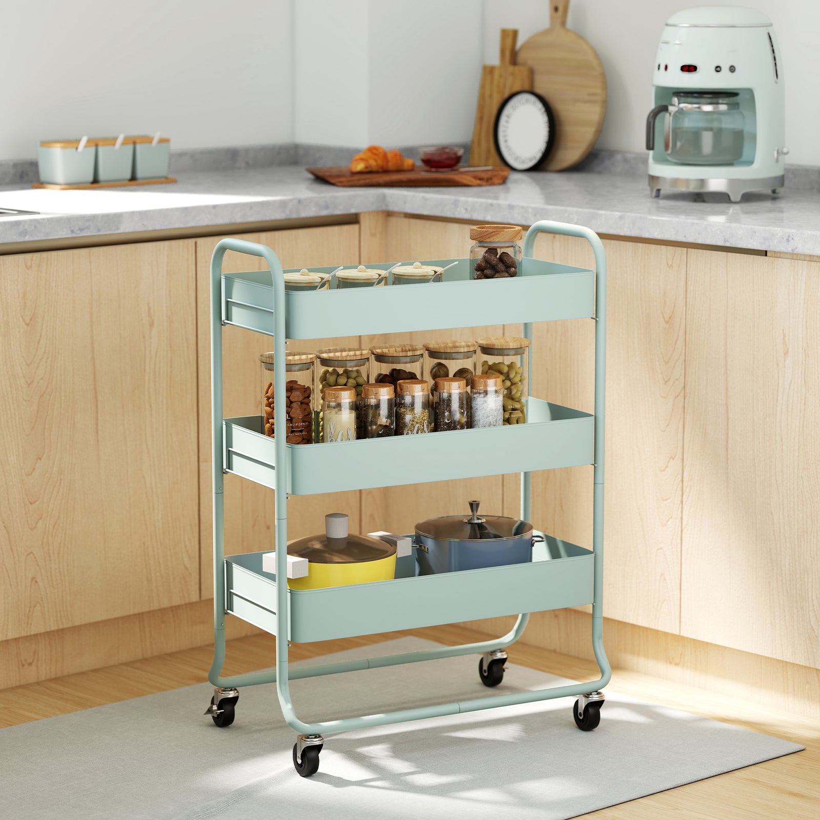 3-tier Storage Trolley, Storage Cart With Mesh Backets, Wheels | Green