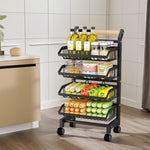 3/4/5-tier Adjustable Black Carbon Steel Storage Cart Rolling Utility Organizer Trolley With Wooden Handle | Medium | Black