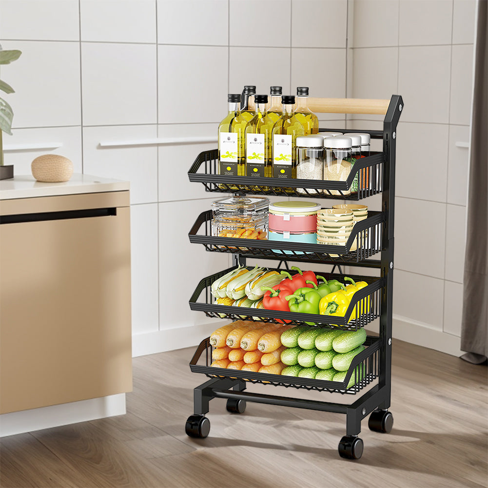 3/4/5-tier Adjustable Black Carbon Steel Storage Cart Rolling Utility Organizer Trolley With Wooden Handle | Medium | Black