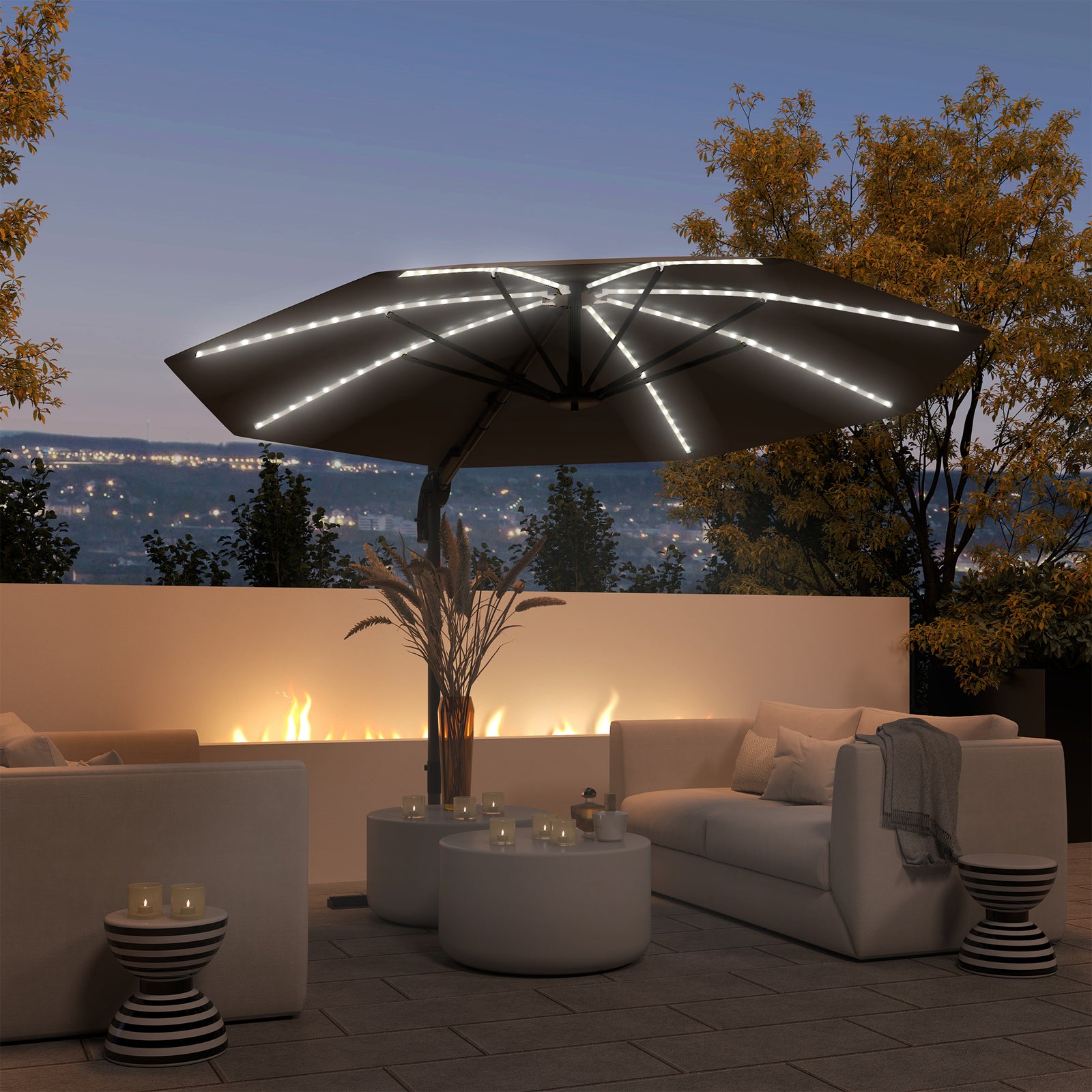 3(m) Garden Parasol W/ Lights, Crank Handle & Cross Base | Dark Gray