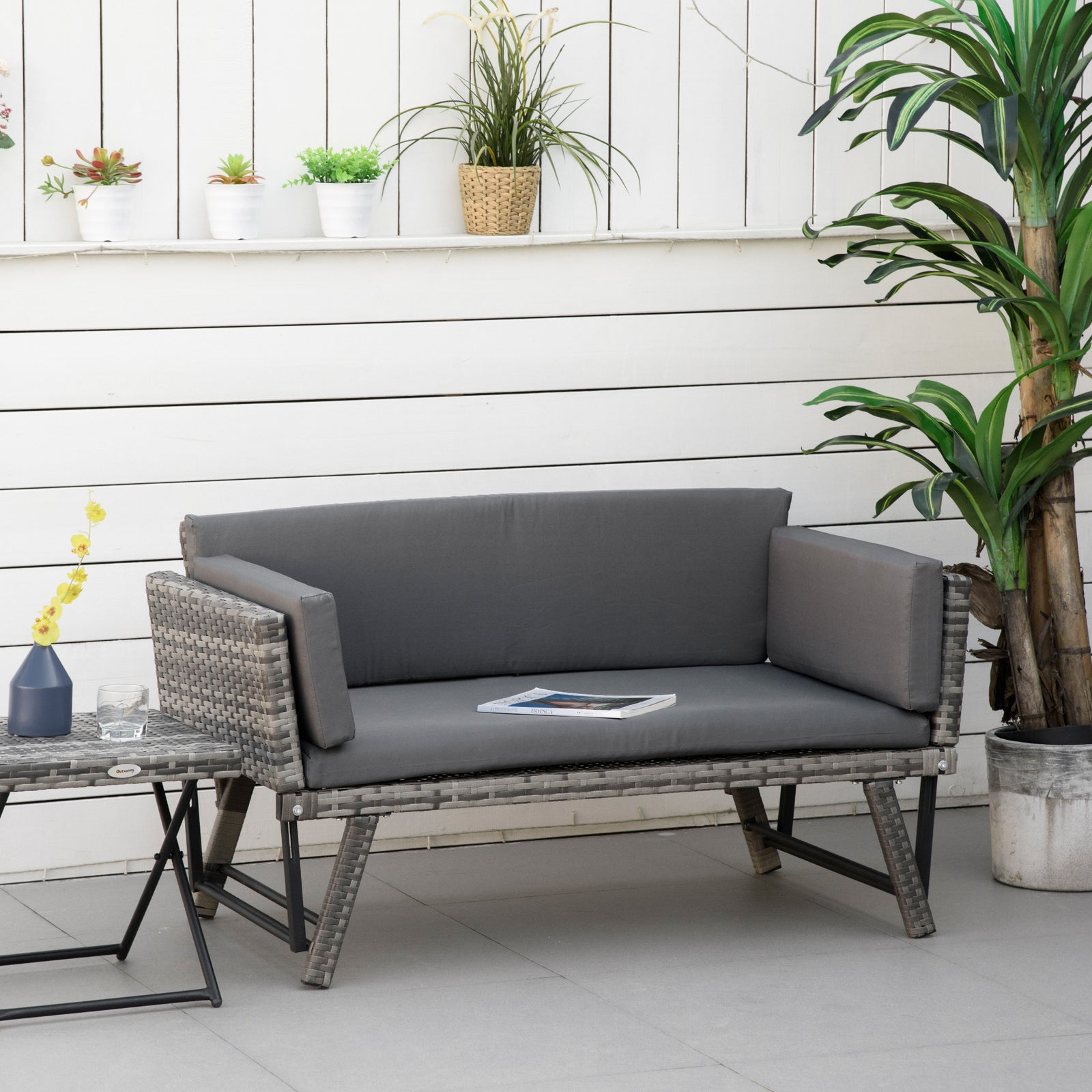 2 In 1 Rattan Folding Daybed Sofa Garden Chaise Lounger | Gray
