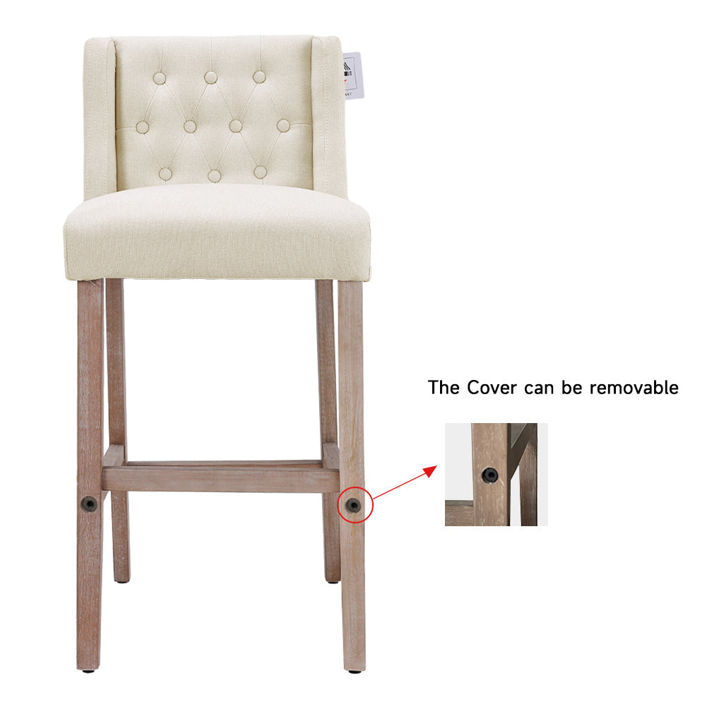 Elegant Set Of 2 Bar Stools Linen Tufted With Wood Legs & Low Back | Beige