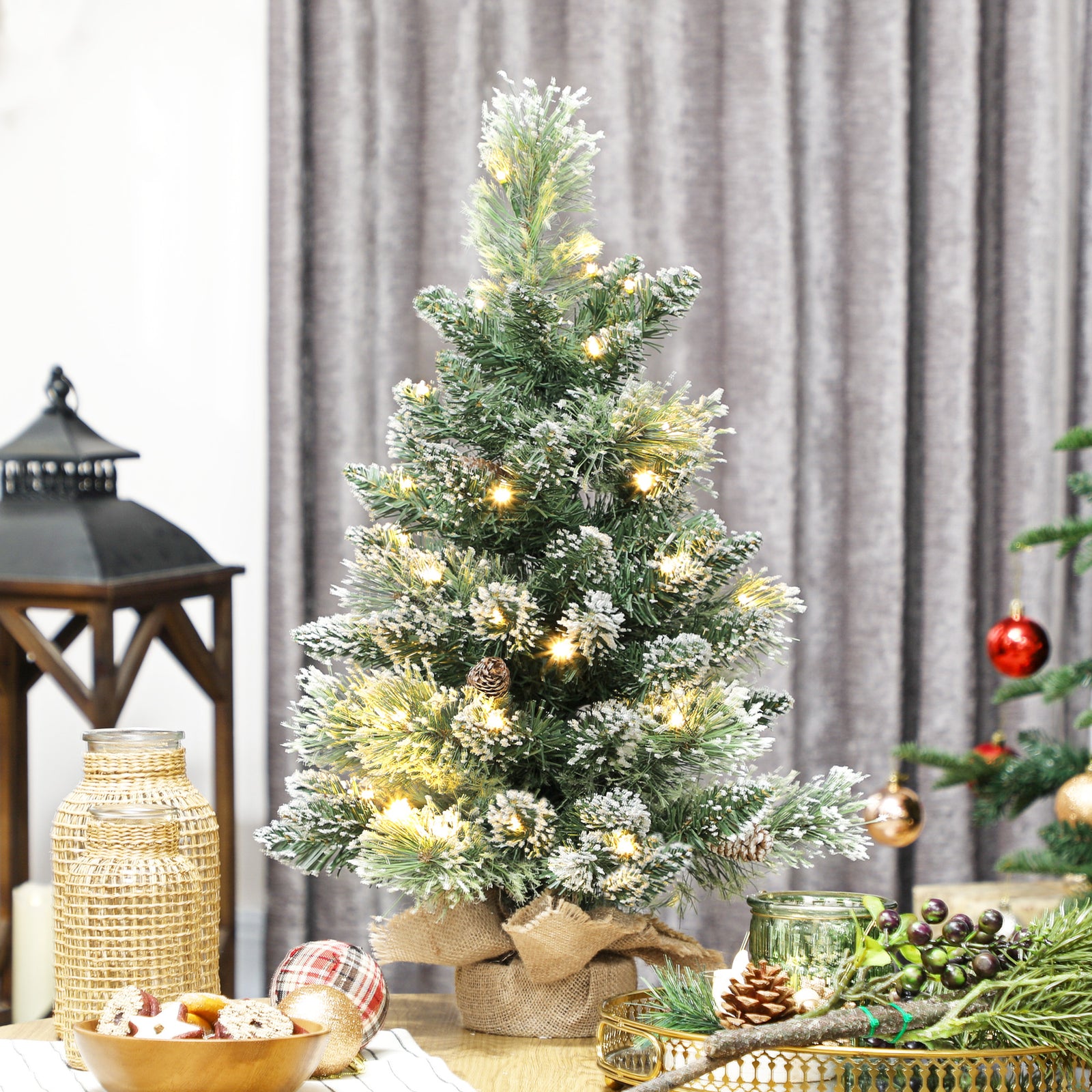60 Cm Prelit Mini Tabletop Christmas Tree, Snow Flocked Xmas Tree