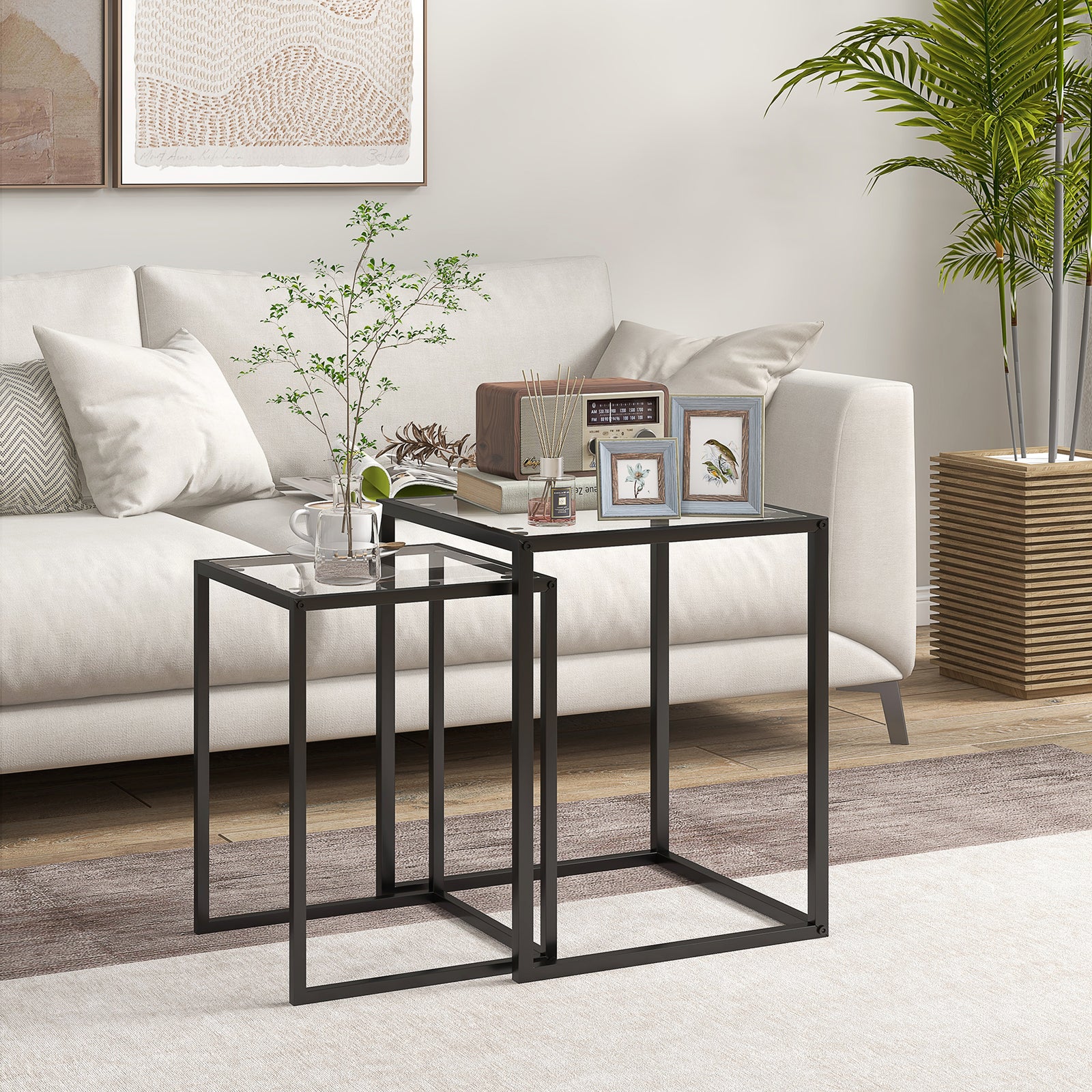 HOMCOM Nesting Tables Set Of 2, End Table With Tempered Glass Top, Black