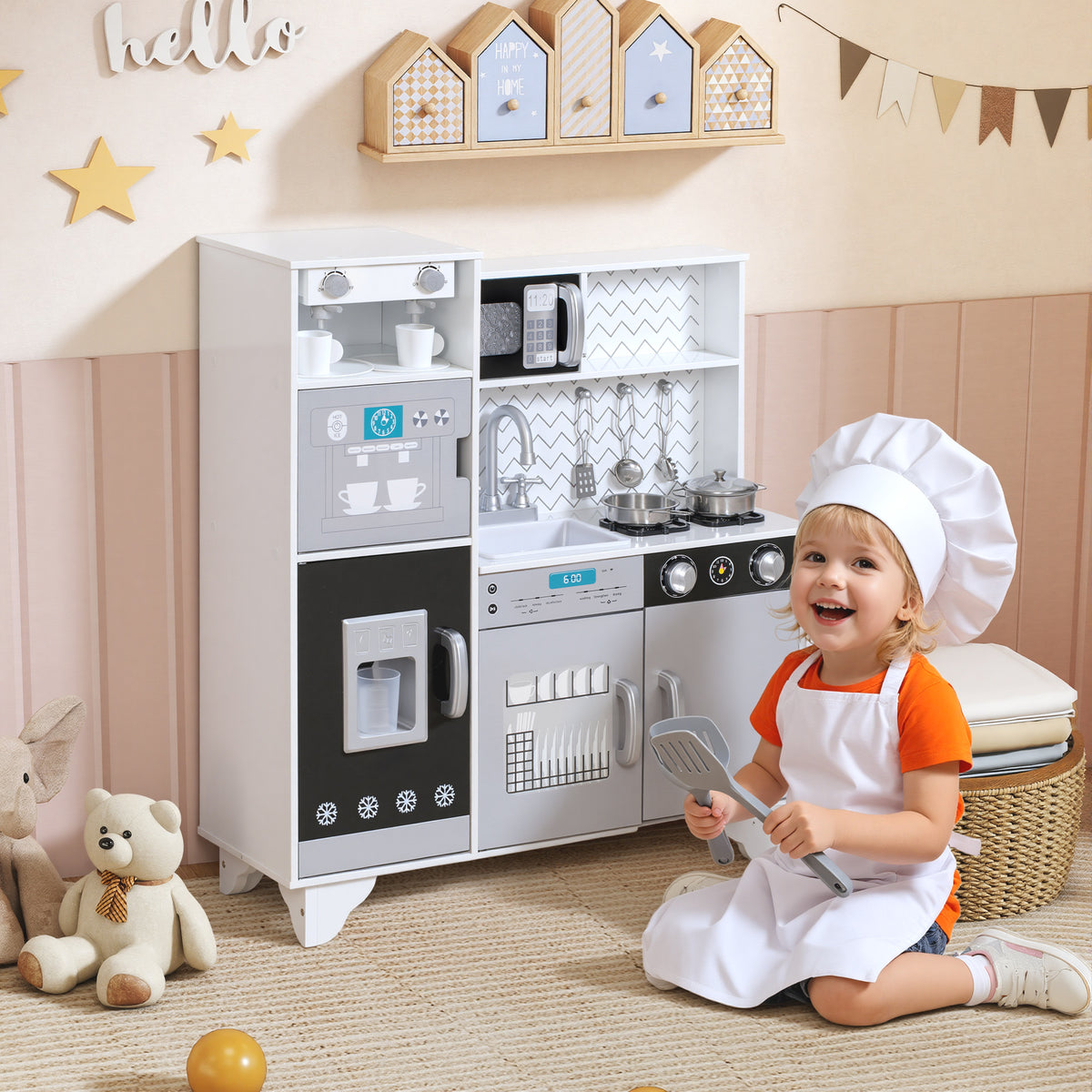 AIYAPLAY Kids Play Kitchen Toy Kitchen With Stove Sounds, Ice & Coffee Maker