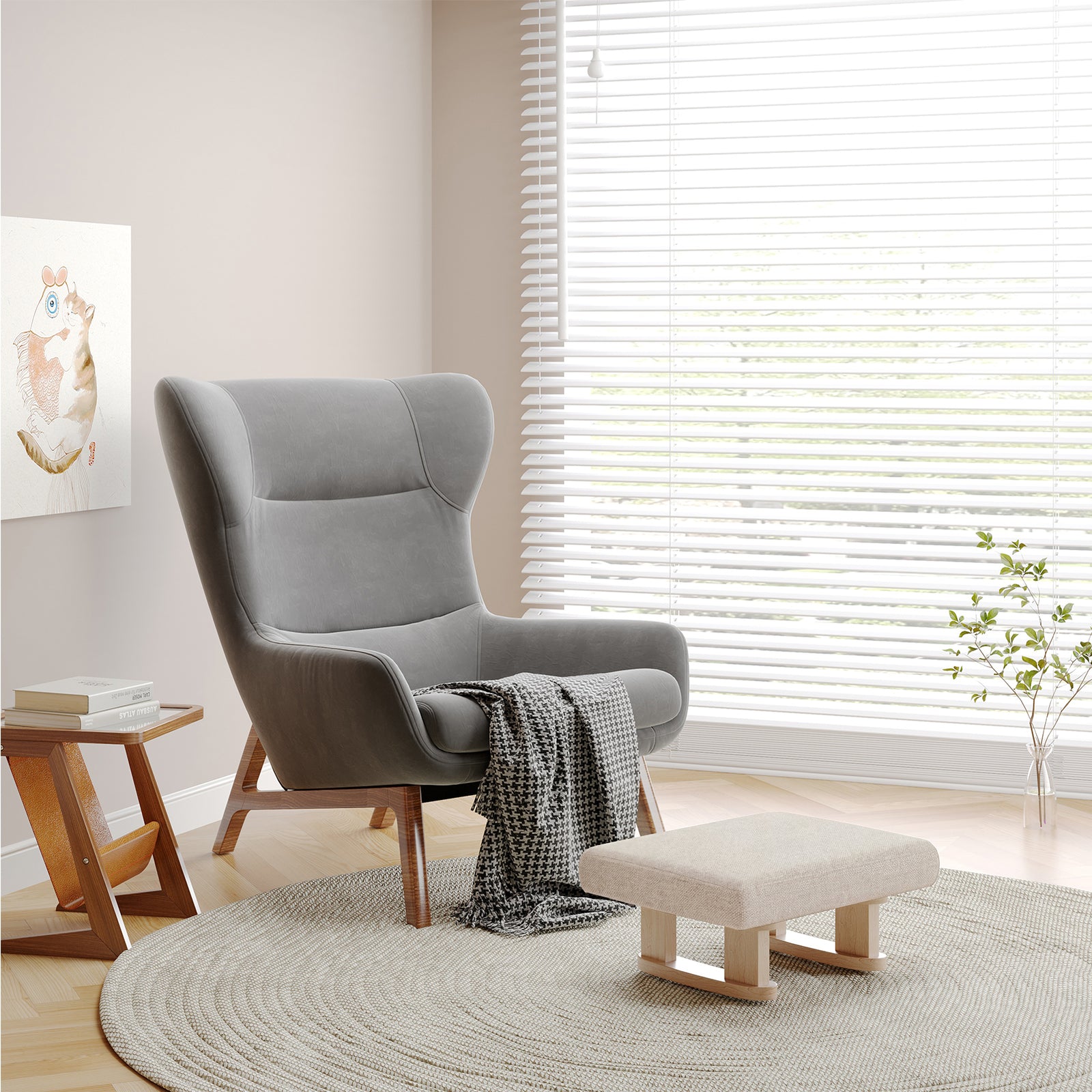 Breeins Linen Upholstered Wooden Legs Footstool