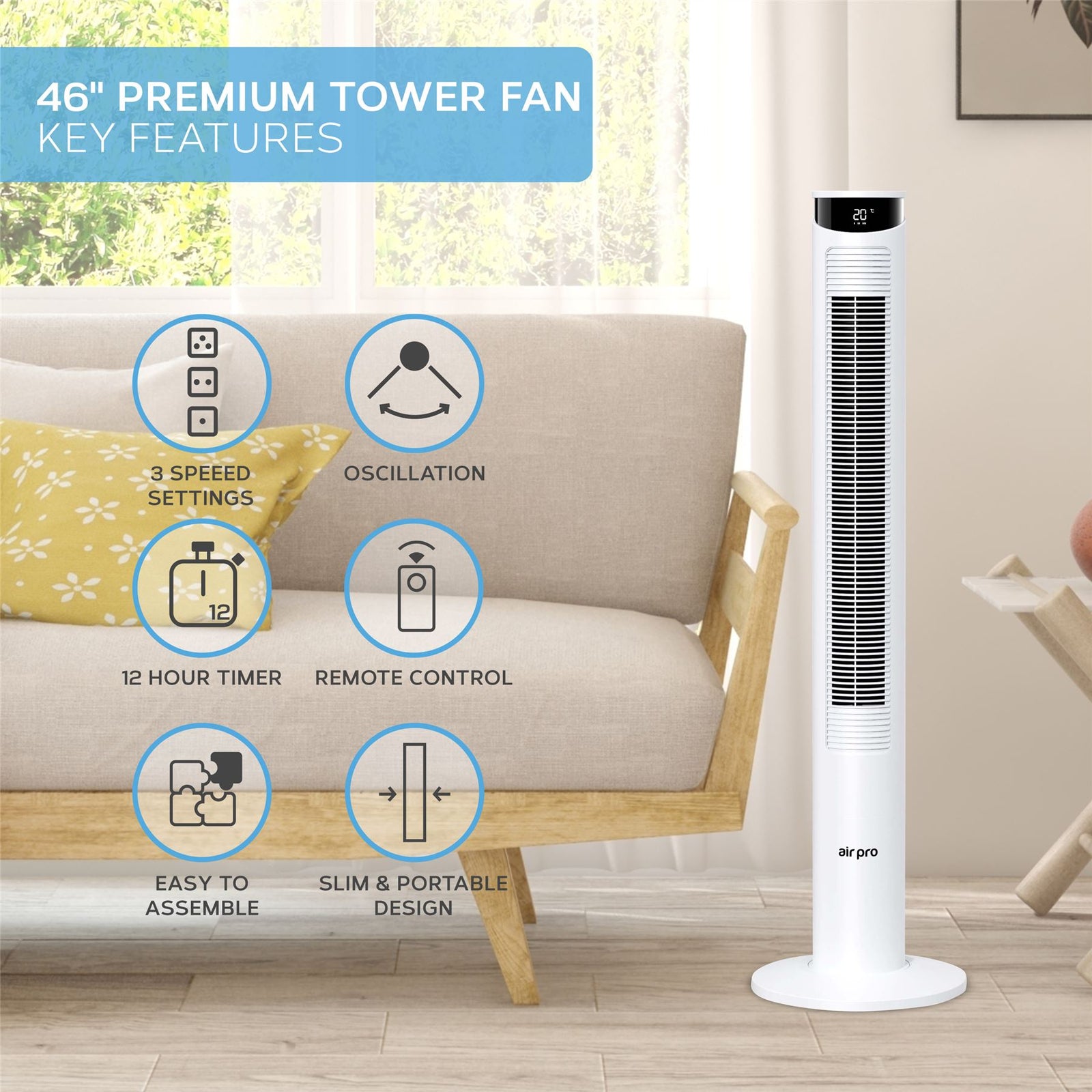Smart Bladeless 46" Tower Fan 3 Speeds - Remote & Oscillation Feature | White