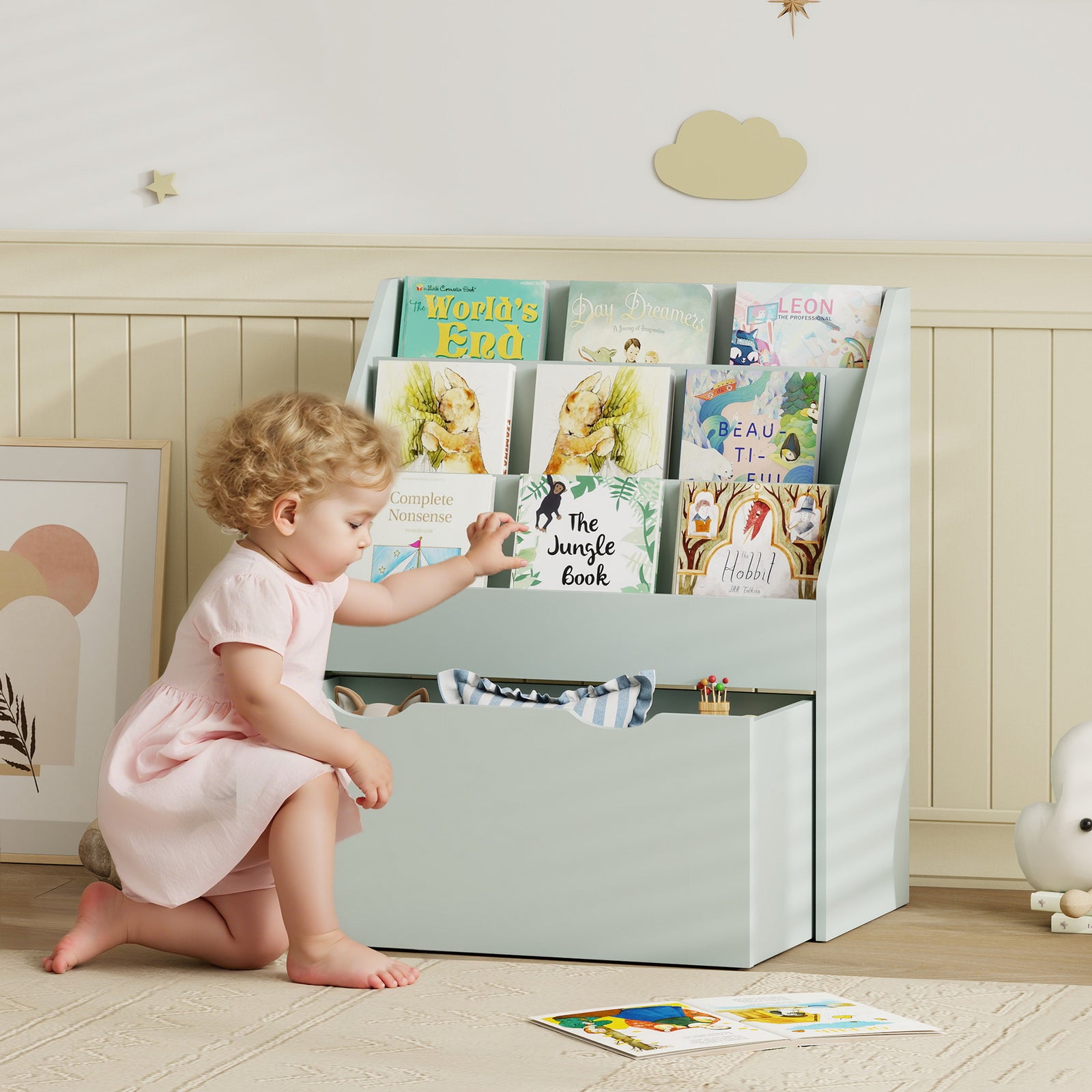 Kids Bookcase W/ 3 Tier Shelves, Drawer, For Bedroom, Nursery | Green