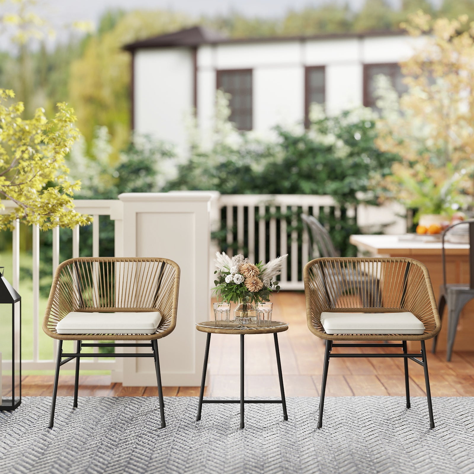 Rattan Bistro Set, Small Balcony Furniture With Cushion | Natural