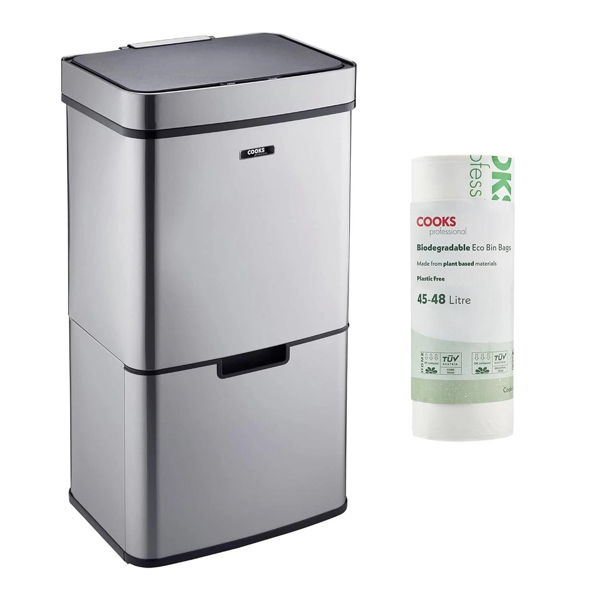 75l Sensor Recycling Bin With Food Caddy & 25 Bin Biodegradable Bags | 75L | Silver