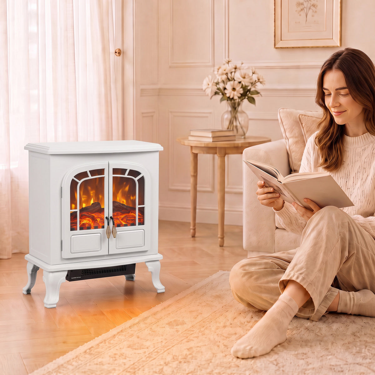 Free Standing Electric Fireplace Stove Led Fire Flame Effect | White