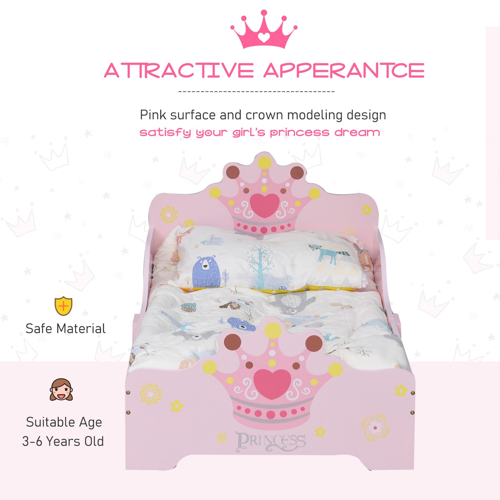 Kids Wooden Princess Crown & Flower Single Bed With Safety Side Rails Slats Pink