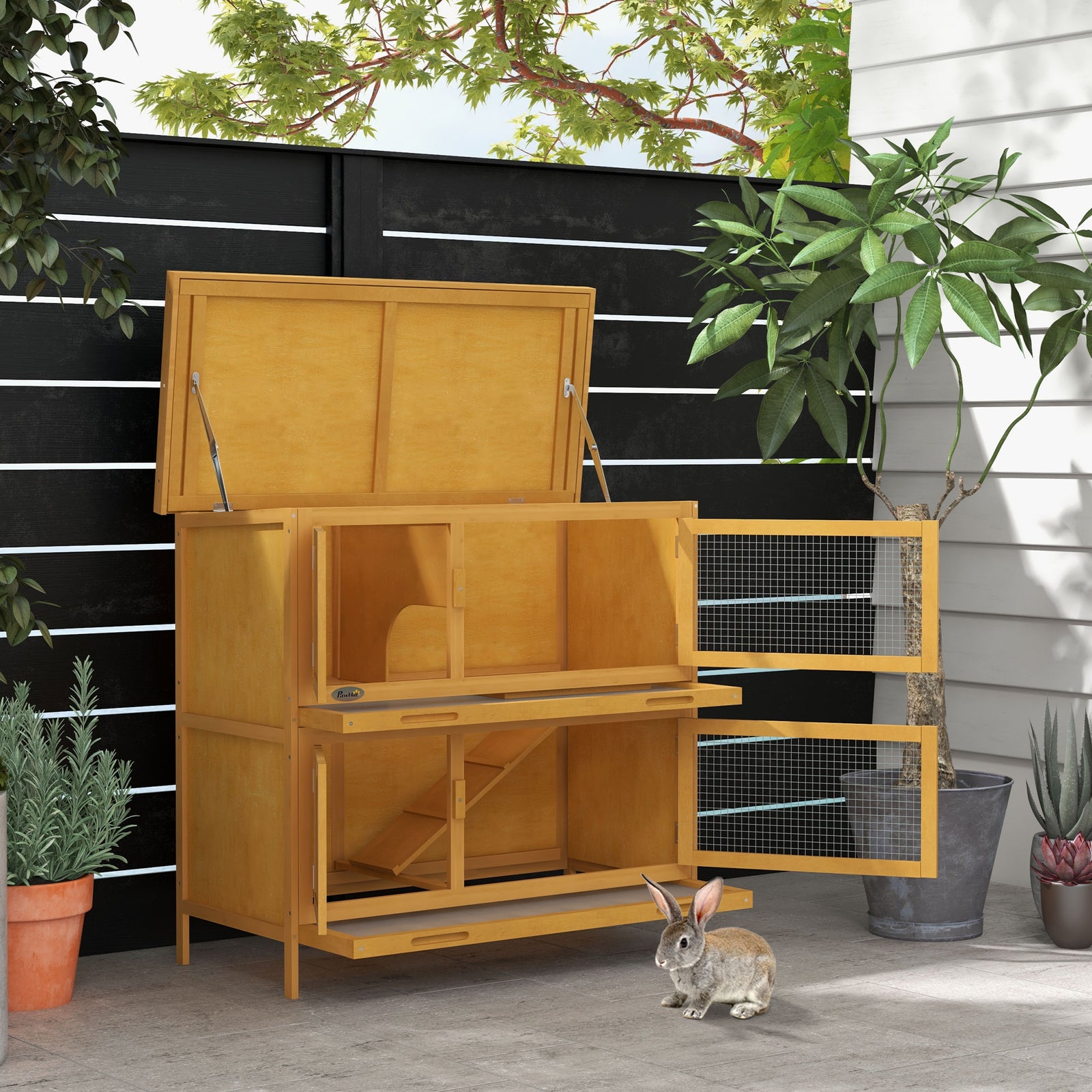 Double Decker Rabbit Hutch Bunny Cage Pet House Outdoor W/ Tray | Yellow