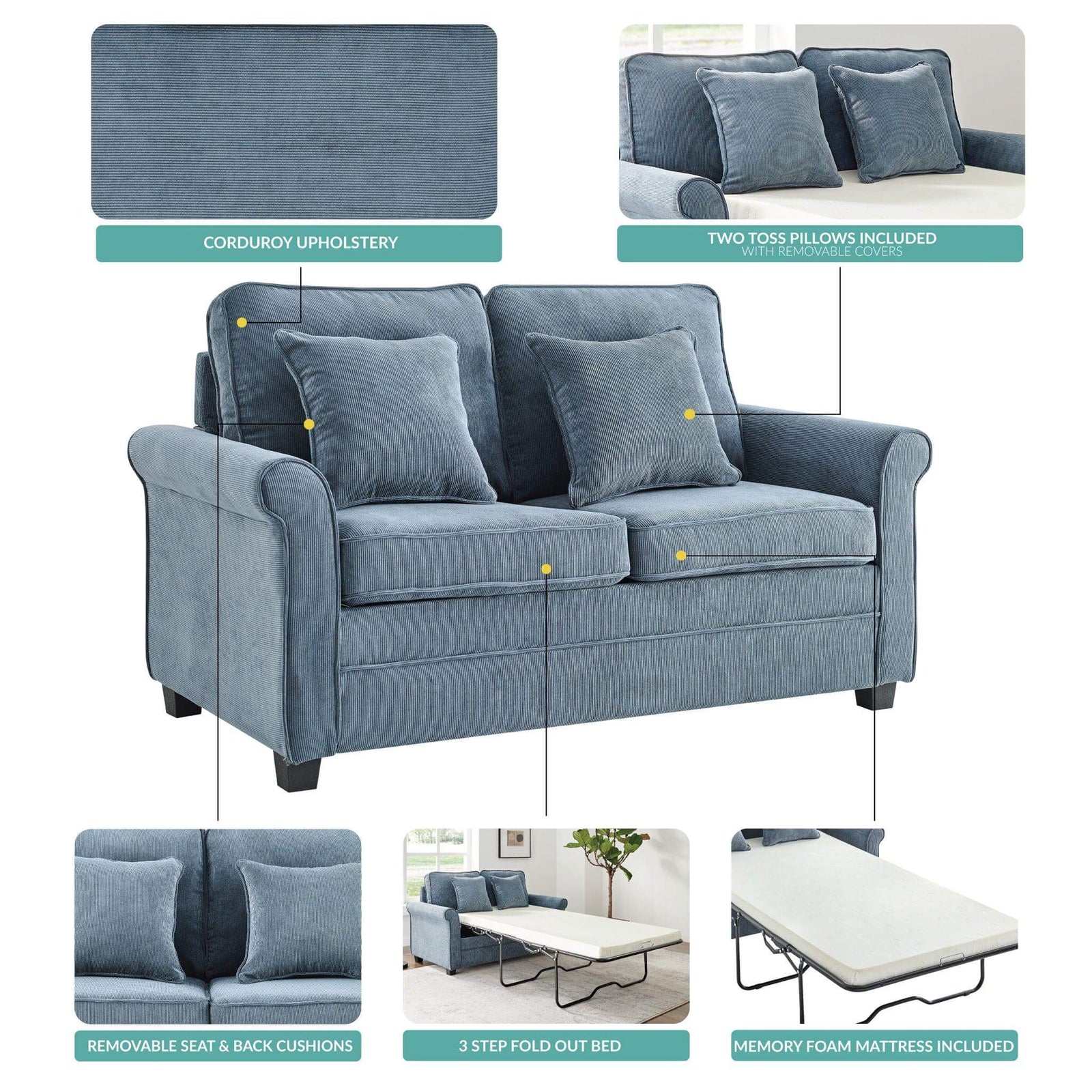 Corduroy Fold Out Mattress Sofa Bed - 2 Seater | Blue