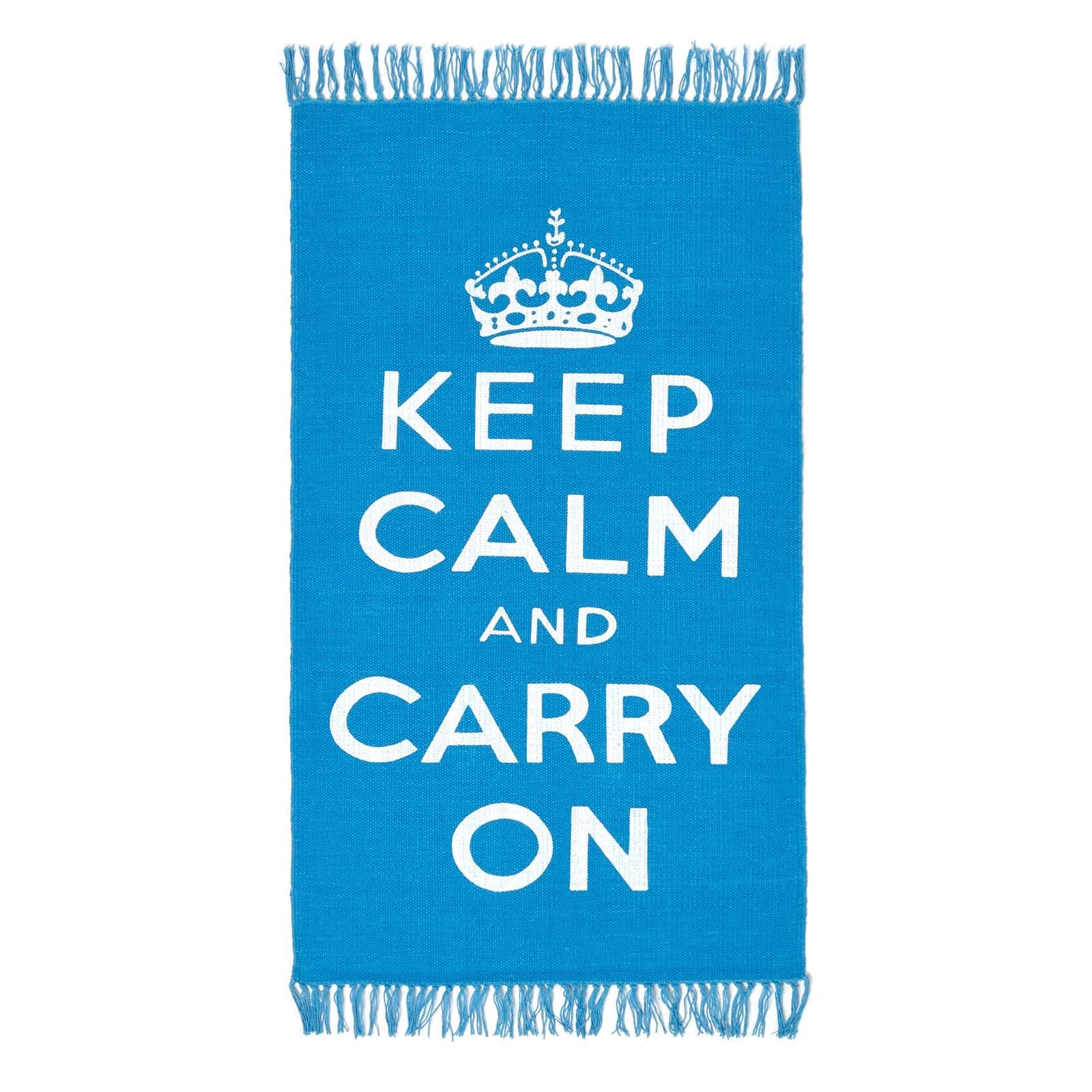 Keep Calm And Carry On Handwoven 100% Cotton Rug | 60cm x 100cm | Blue