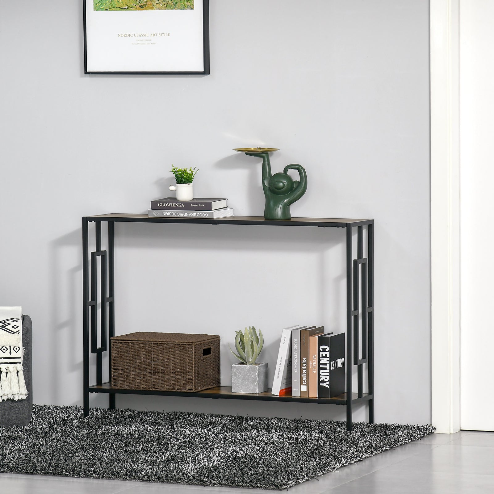 Industrial Console Table W/ Storage Shelf Black Metal Frame | One Size | Brown