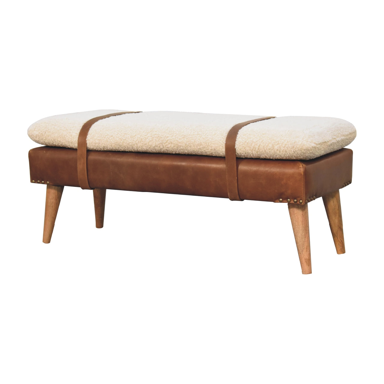 Solid Wood Boucle Buffalo Hide Leather Bench
