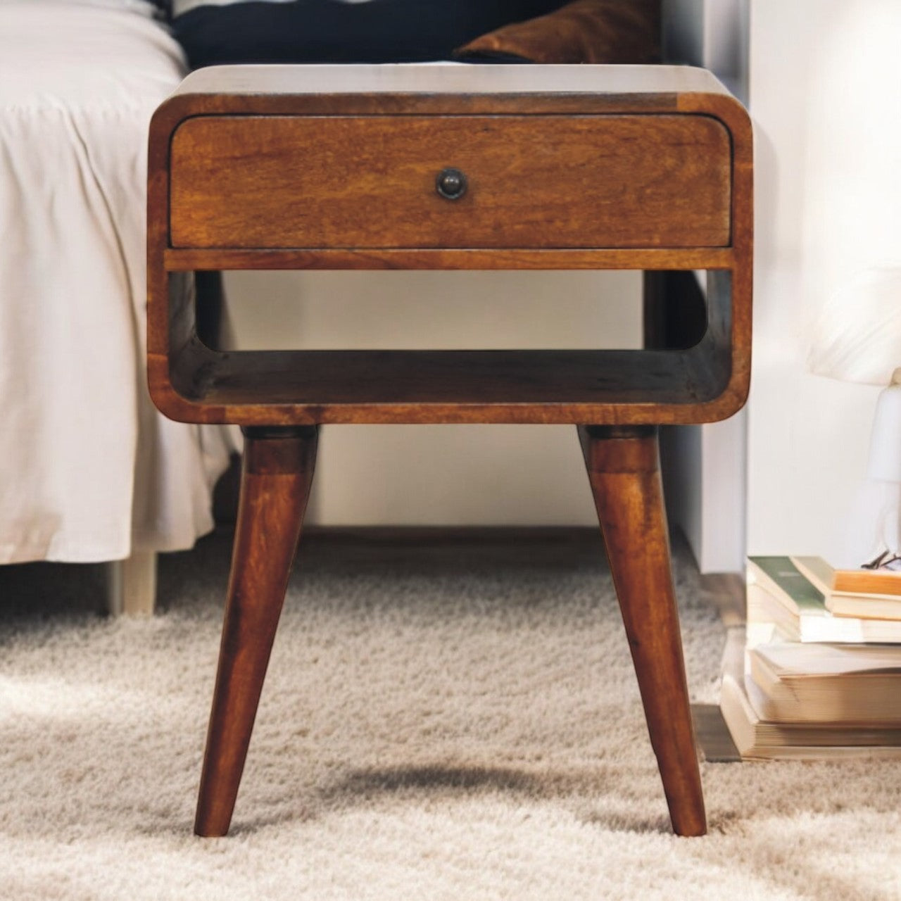 Solid Wood Avora Chestnut Nightstand With Drawer And Open Slot