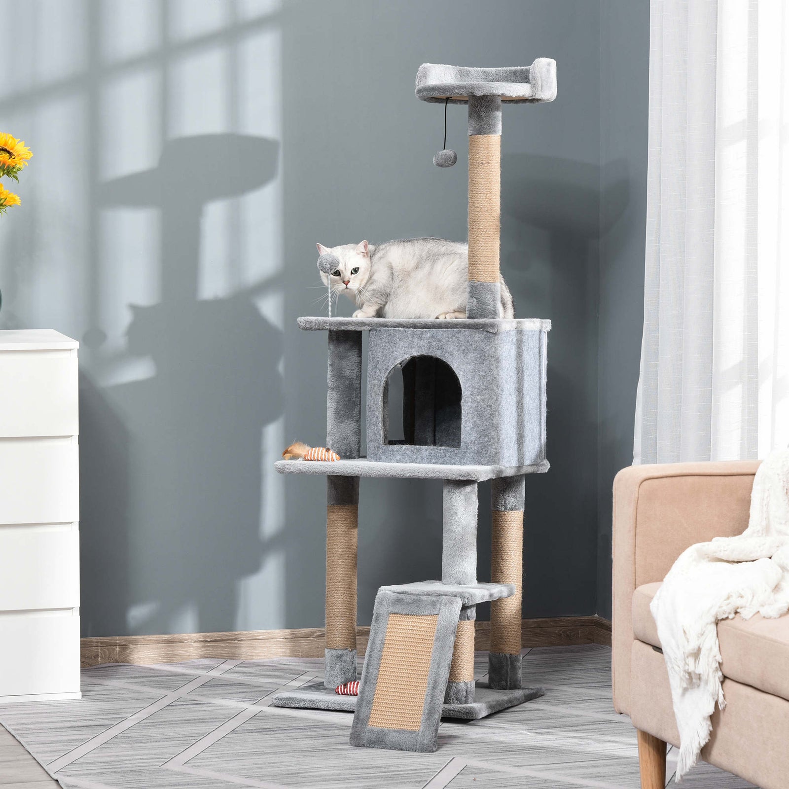 Cat Tree Tower Climbing  Activity Center With Jute Scratching Post, Grey