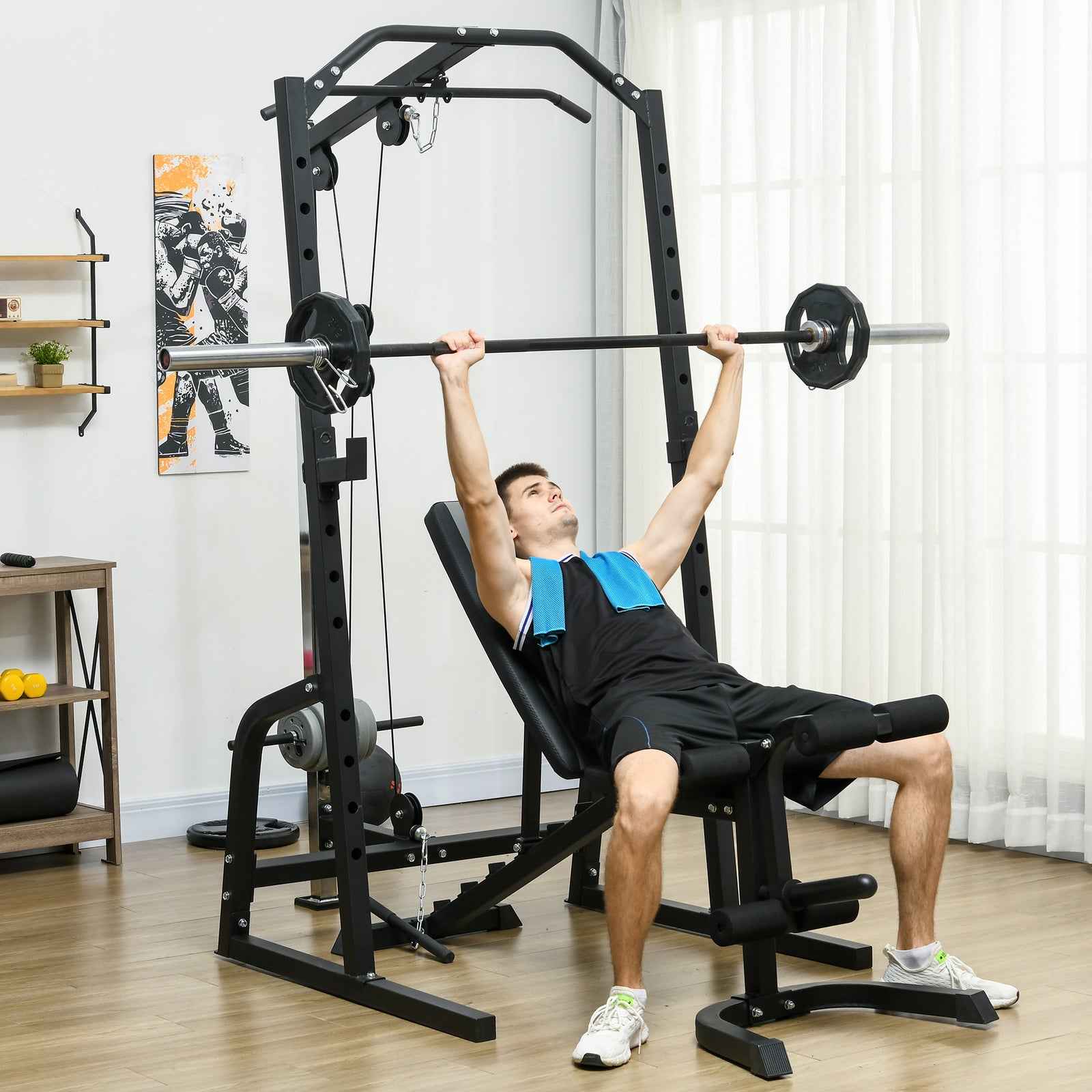 Smith Machine Power Rack With Pull Up Bar, Lat Pull Down System