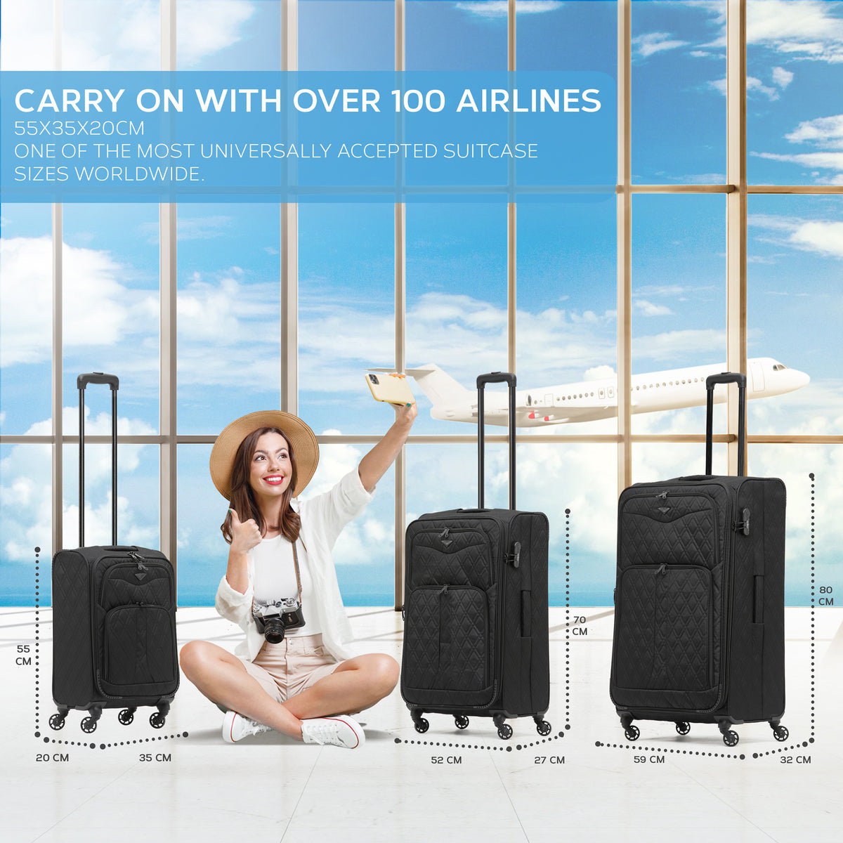 Lightweight 4 Wheel 800d Soft Case Quilted Suitcases Set Of 3 Anti Crack - Cabin & Hold Luggage 100+ Airlines Approved | Set of 3 | Black