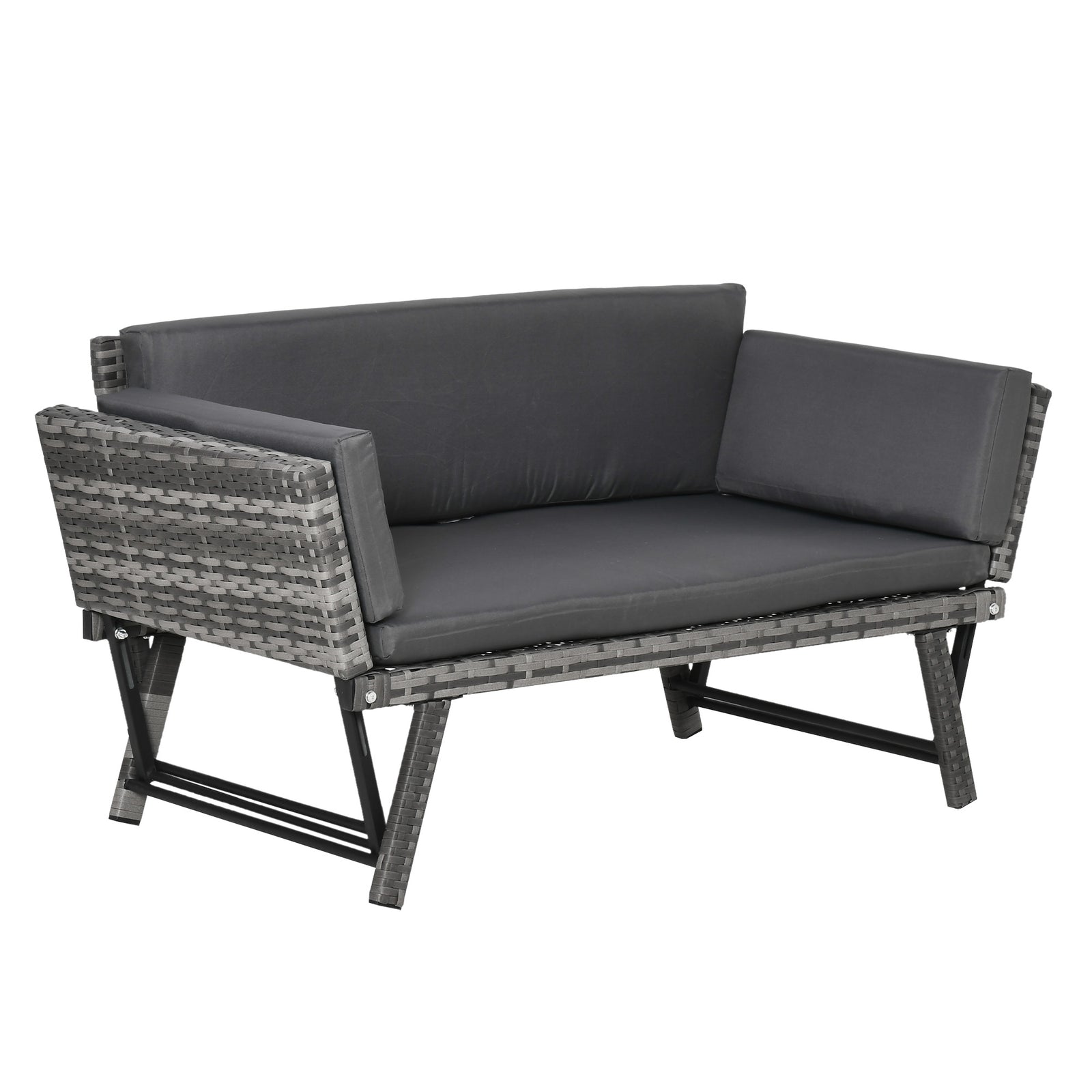 2 In 1 Rattan Folding Daybed Sofa Garden Chaise Lounger | Gray