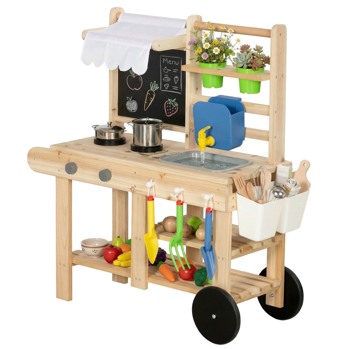 AIYAPLAY Mud Kitchen With Real Water Faucet Natural Wood