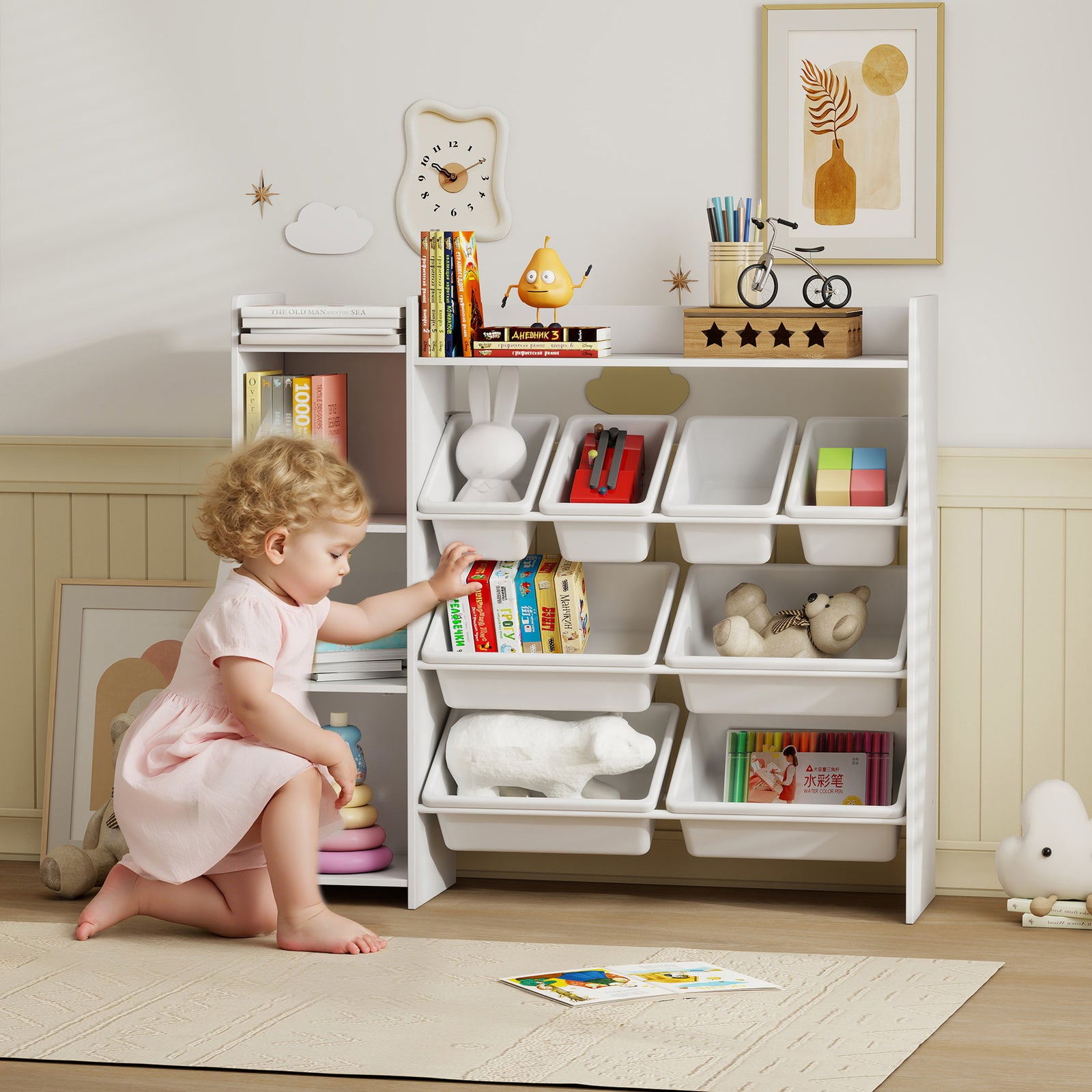 Toy Storage Unit With 8 Removable Bins, Storage Shelves, Cabinet | White